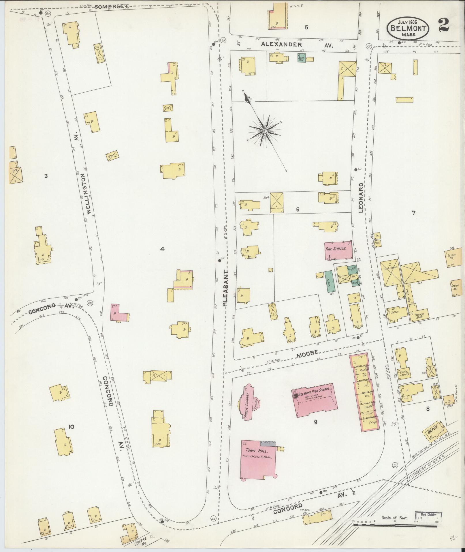 Sanborn Fire Insurance Map from Belmont, Middlesex County, Massachusetts (1905), Sheet #0002 - Historic Sanborn Fire Insurance Map Print, vintage old map wall art, antique decor, genealogy gift, Massachusetts Massachusetts map
