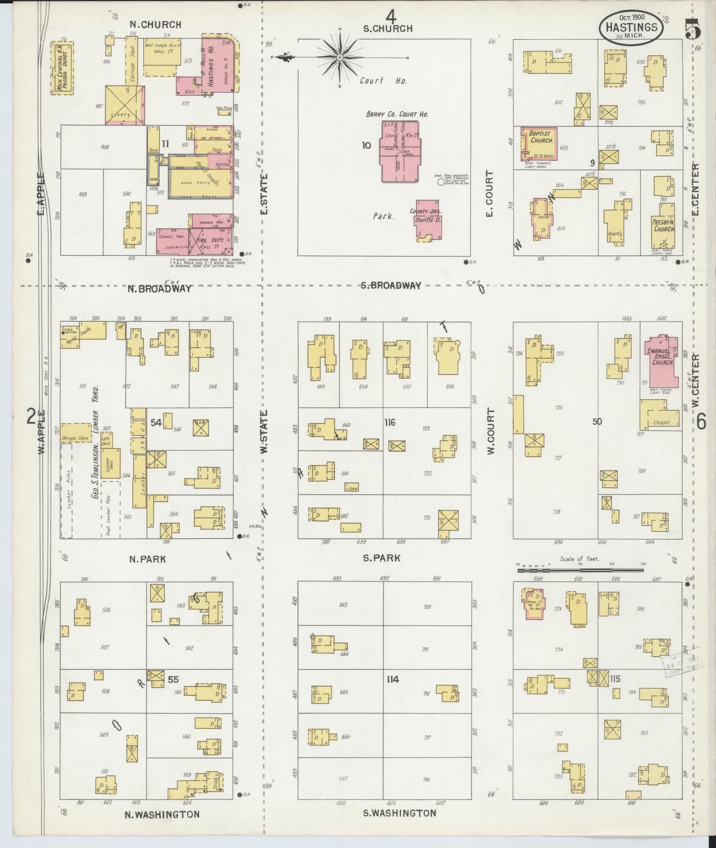 Sanborn Fire Insurance Map from Hastings, Barry County, Michigan (1900), Sheet #0005 - Complete Map Set gallery image, historic Sanborn map, vintage wall art, Michigan Michigan