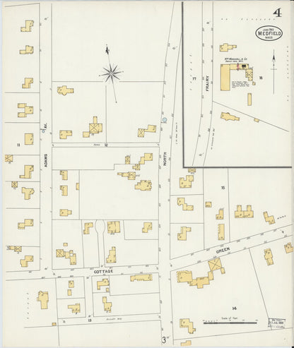 Sanborn Fire Insurance Map from Medfield, Norfolk County, Massachusetts (1903), Sheet #0004 - Historic Sanborn Fire Insurance Map Print, vintage old map wall art, antique decor, genealogy gift, Massachusetts Massachusetts map