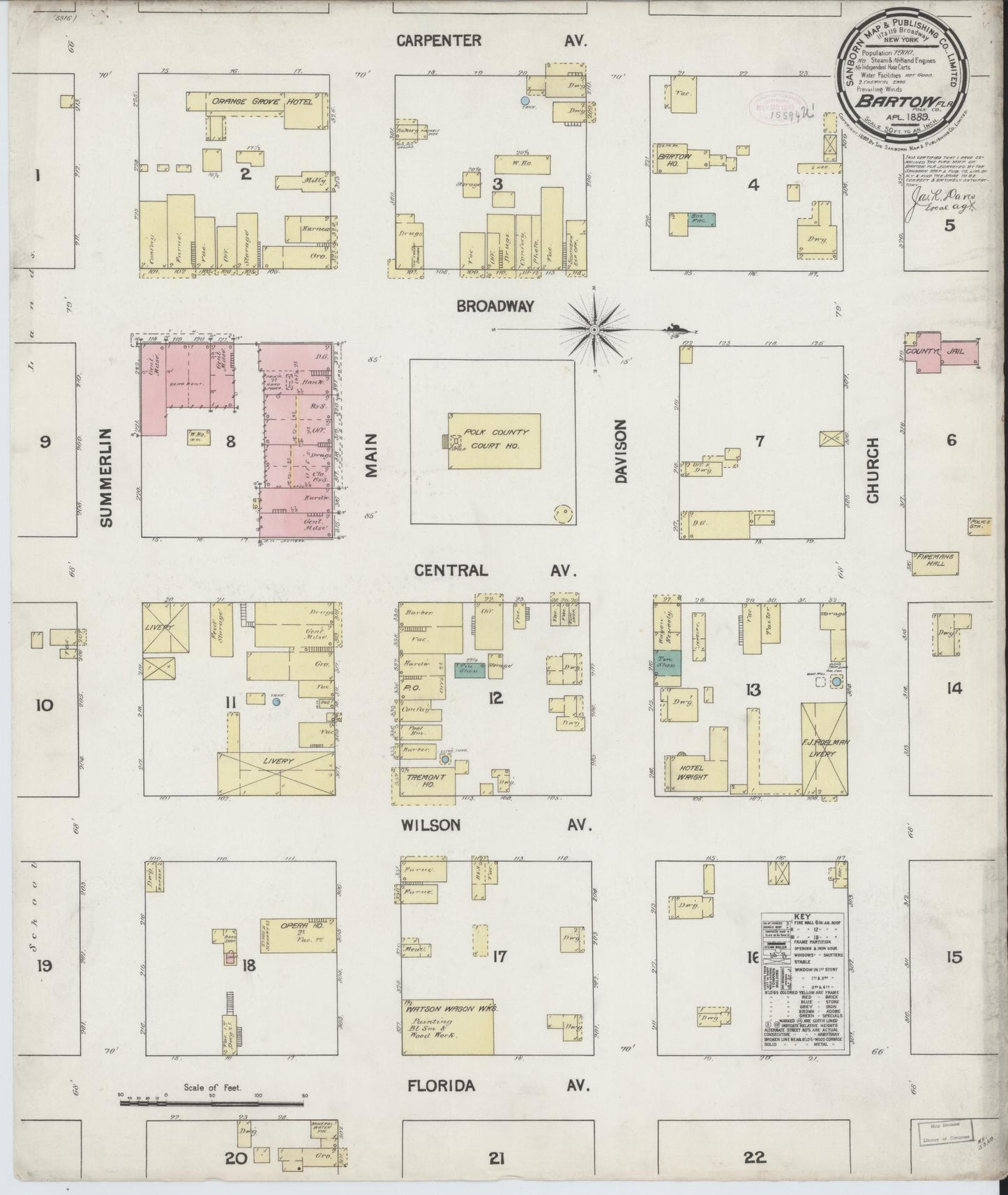 Sanborn Fire Insurance Map from Bartow, Polk County, Florida (1889), Sheet #0001 - Historic Sanborn Fire Insurance Map Print, vintage old map wall art, antique decor, genealogy gift, Florida Florida map