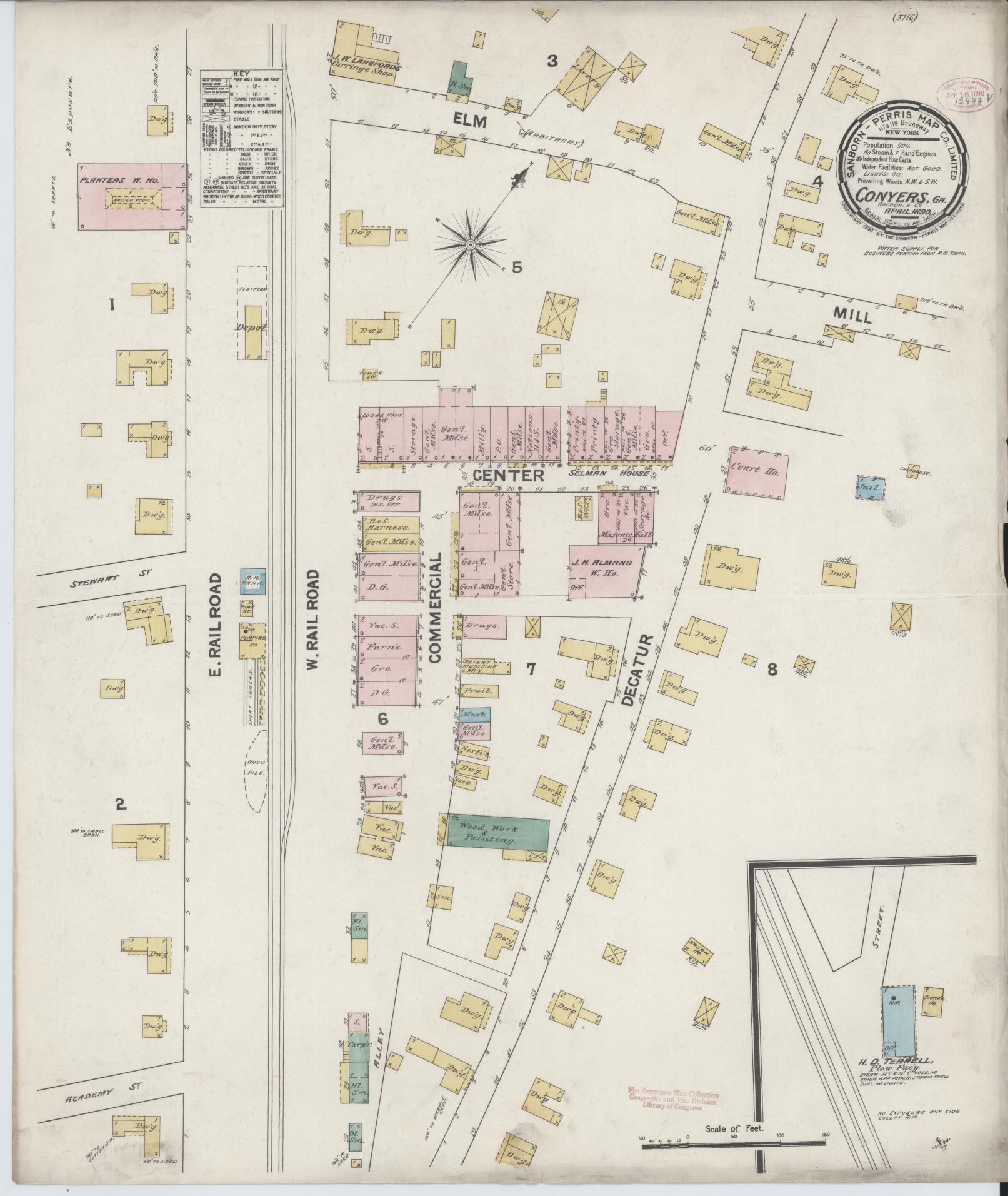 Sanborn Fire Insurance Map from Conyers, Rockdale County, Georgia (1890), Sheet #0001 - Historic Sanborn Fire Insurance Map Print, vintage old map wall art, antique decor, genealogy gift, Georgia Georgia map