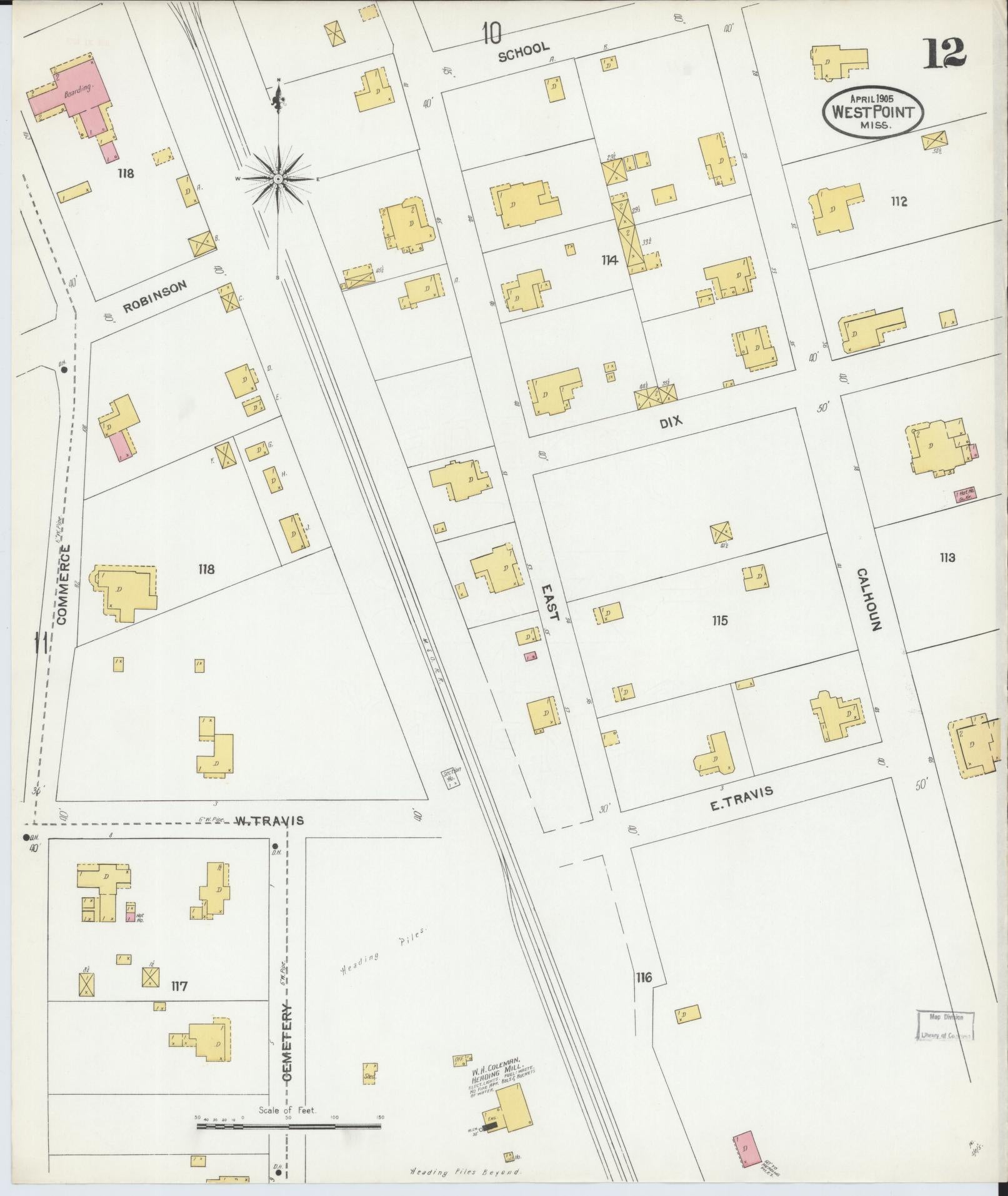 Sanborn Fire Insurance Map from West Point, Clay County, Mississippi (1905), Sheet #0012 - Complete Map Set gallery image, historic Sanborn map, vintage wall art, Mississippi Mississippi