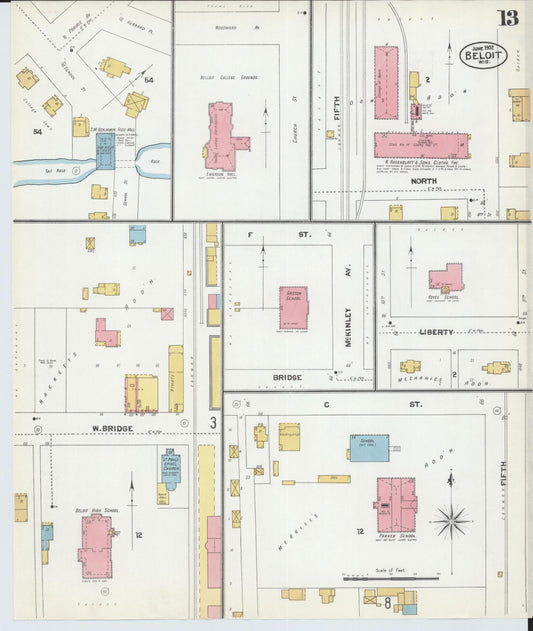 Sanborn Fire Insurance Map from Beloit, Rock County, Wisconsin (1902), Sheet #0013 - Historic Sanborn Fire Insurance Map Print, vintage old map wall art, antique decor, genealogy gift, Wisconsin Wisconsin map