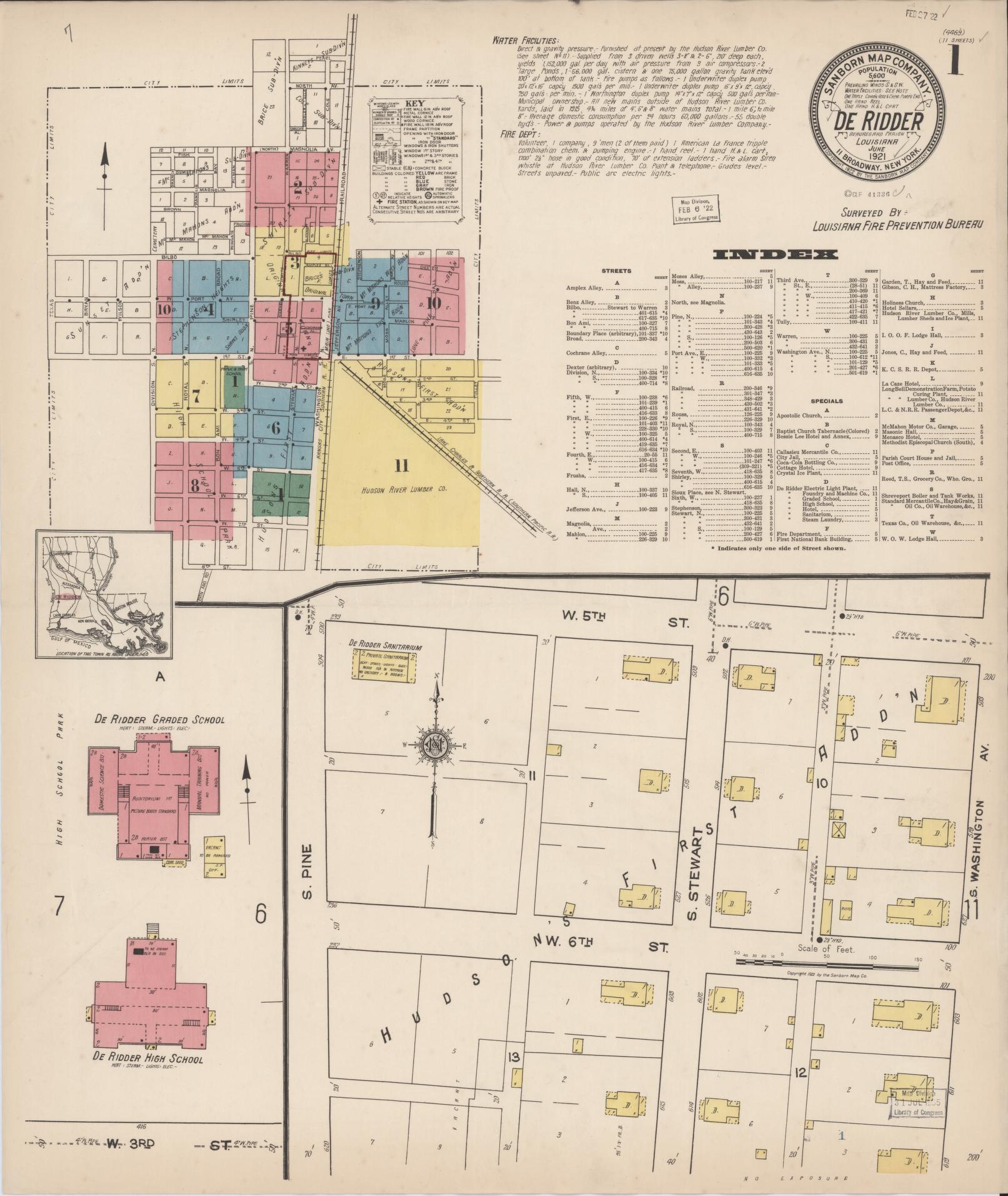 Sanborn Fire Insurance Map from De Ridder, Beauregard Parish, Louisiana (1921), Sheet #0001 - Historic Sanborn Fire Insurance Map Print, vintage old map wall art, antique decor, genealogy gift, Louisiana Louisiana map