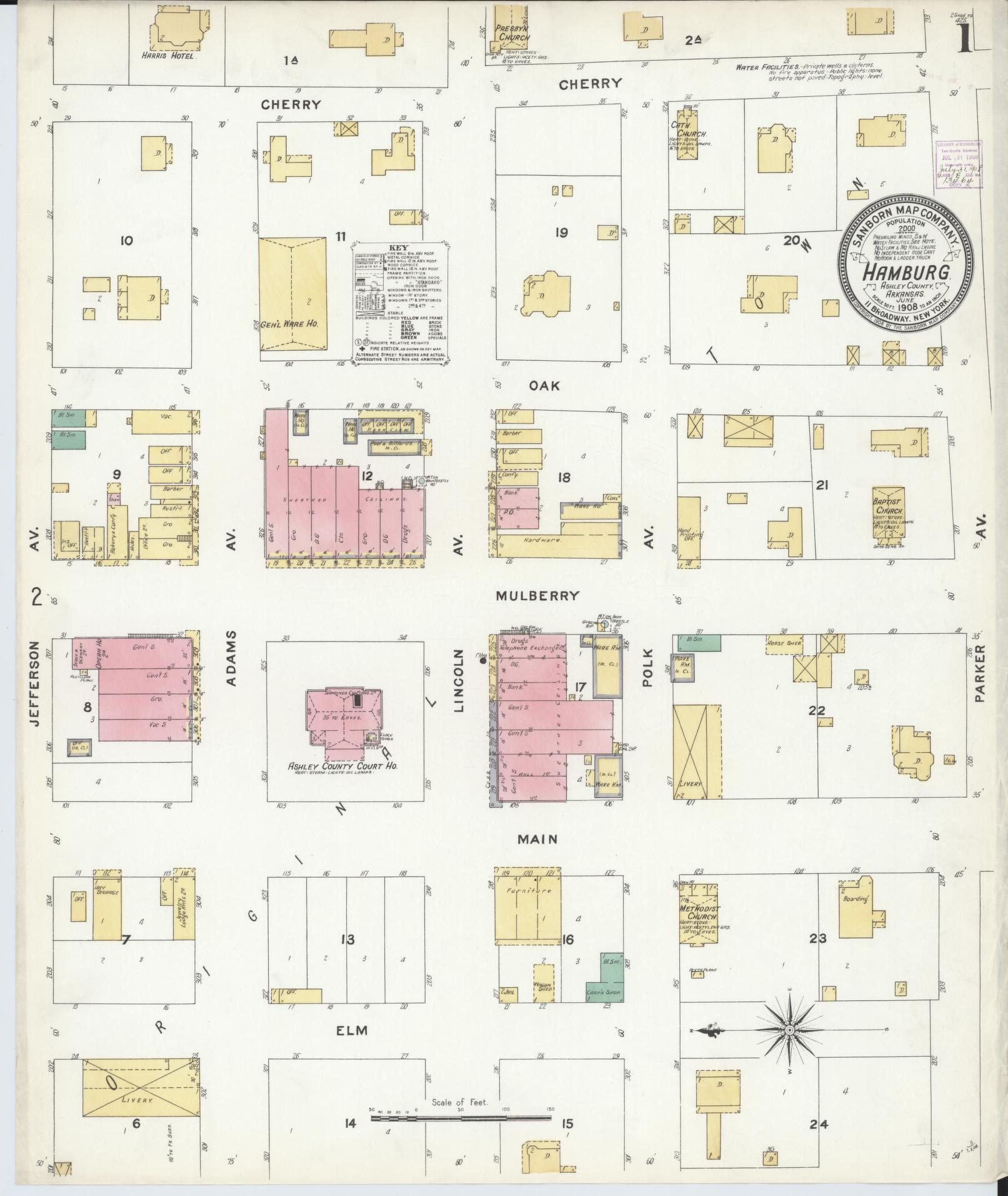 Sanborn Fire Insurance Map from Hamburg, Ashley County, Arkansas (1908), Sheet #0001 - Complete Map Set gallery image, historic Sanborn map, vintage wall art, Arkansas Arkansas