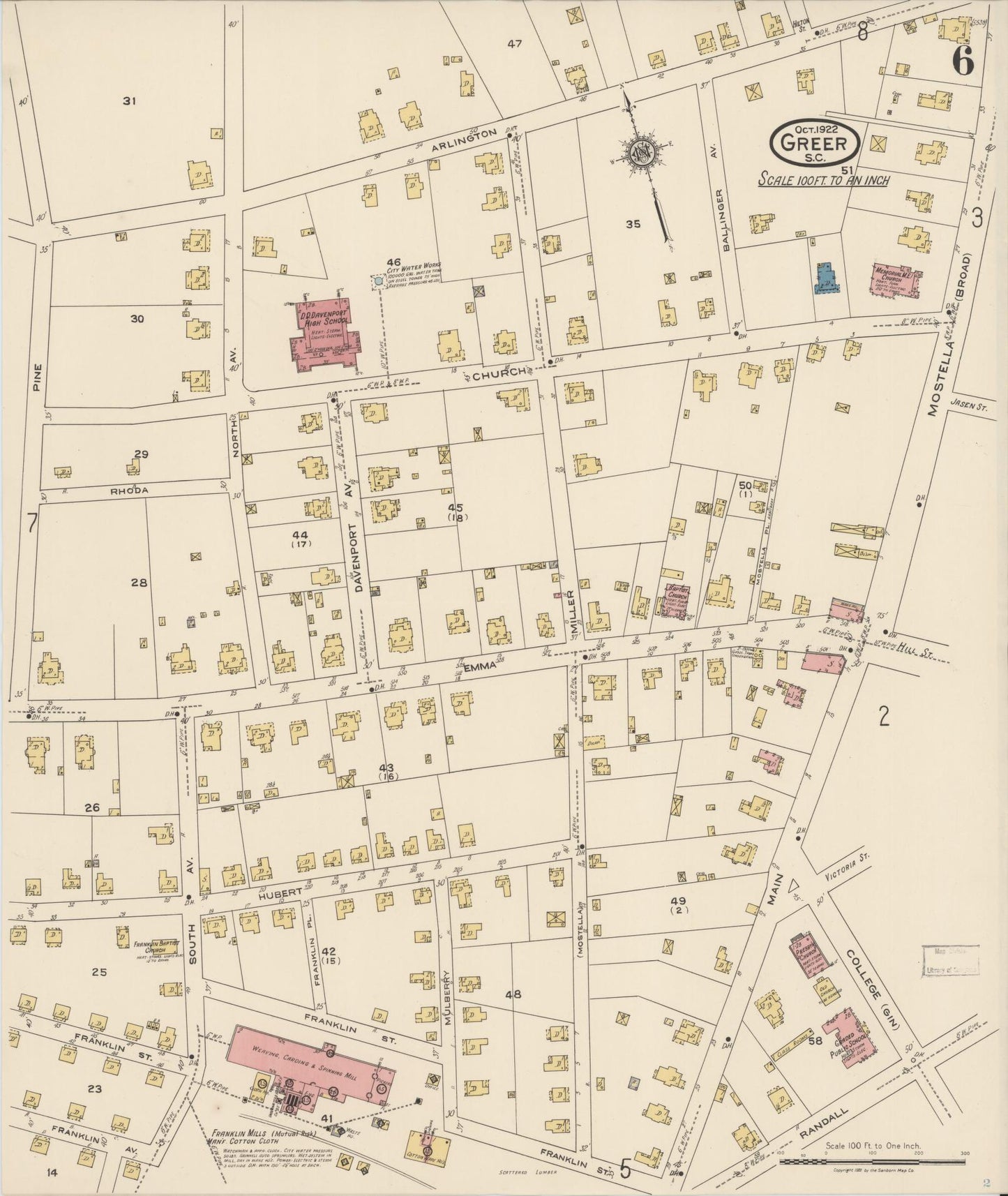 Sanborn Fire Insurance Map from Greer, Greenville and Spartanburg Counties, South Carolina (1922), Sheet #0006 - Complete Map Set gallery image, historic Sanborn map, vintage wall art, South Carolina South Carolina