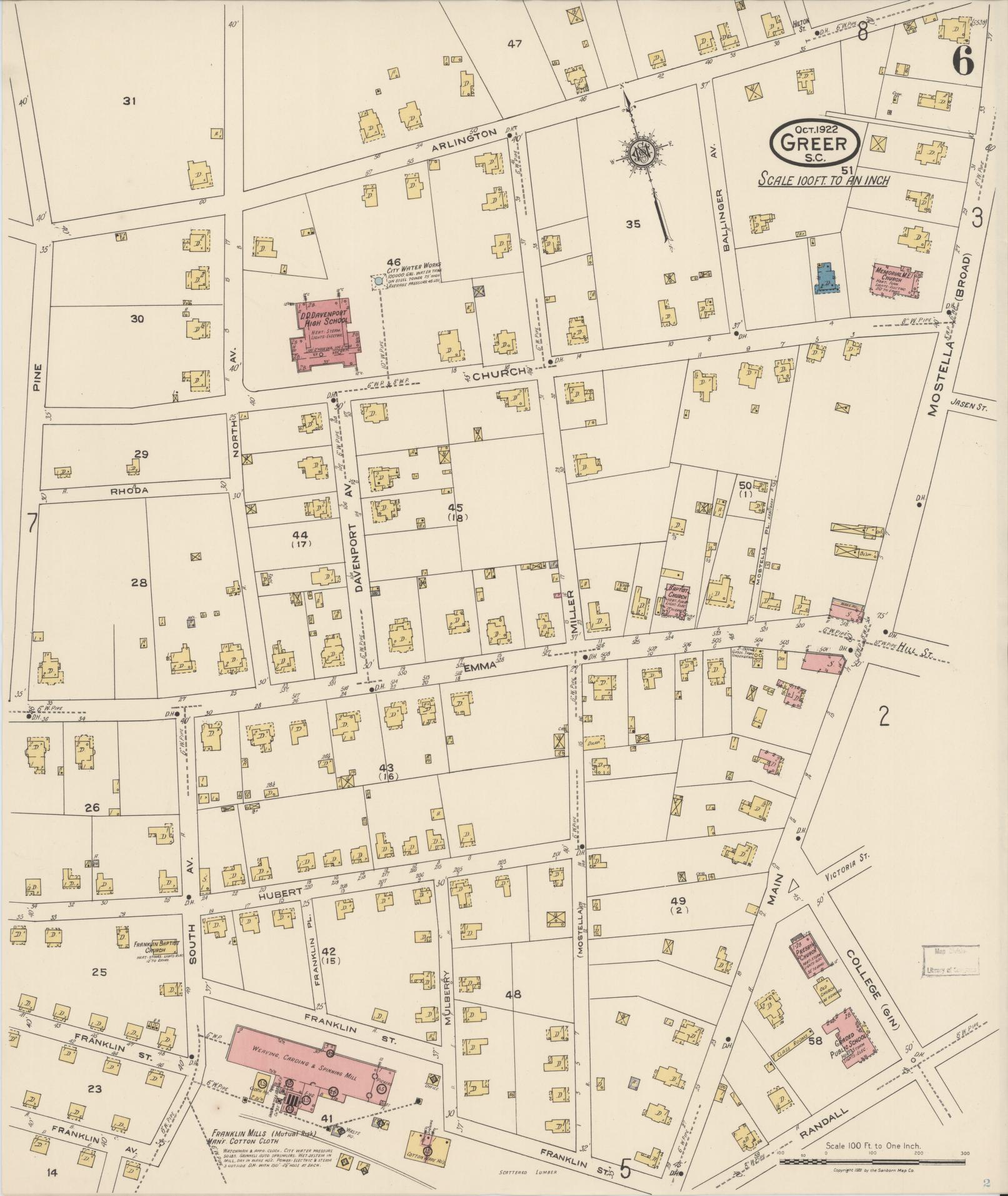 Sanborn Fire Insurance Map from Greer, Greenville and Spartanburg Counties, South Carolina (1922), Sheet #0006 - Complete Map Set gallery image, historic Sanborn map, vintage wall art, South Carolina South Carolina