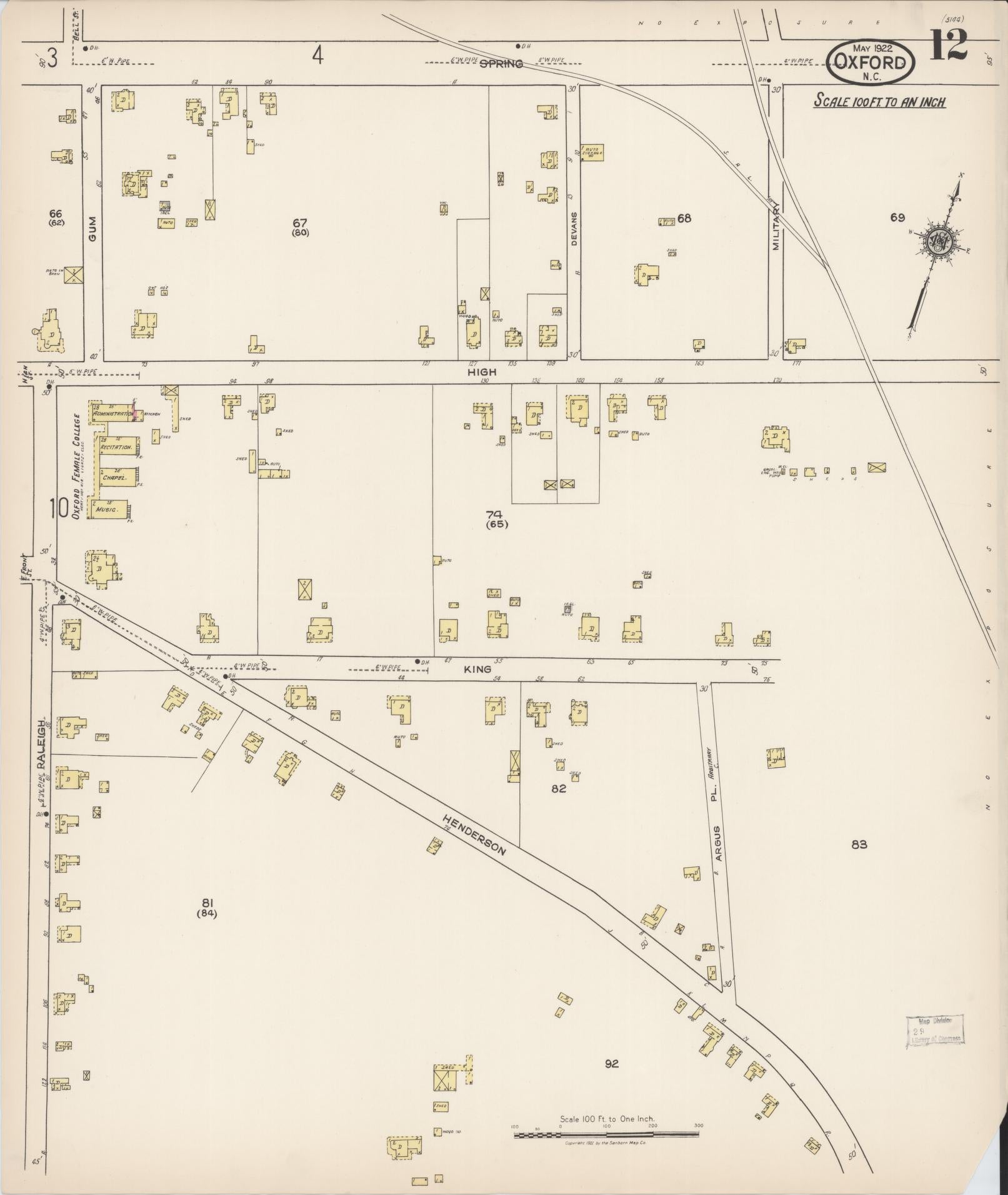 Sanborn Fire Insurance Map from Oxford, Granville County, North Carolina (1922), Sheet #0012 - Historic Sanborn Fire Insurance Map Print, vintage old map wall art, antique decor, genealogy gift, North Carolina North Carolina map