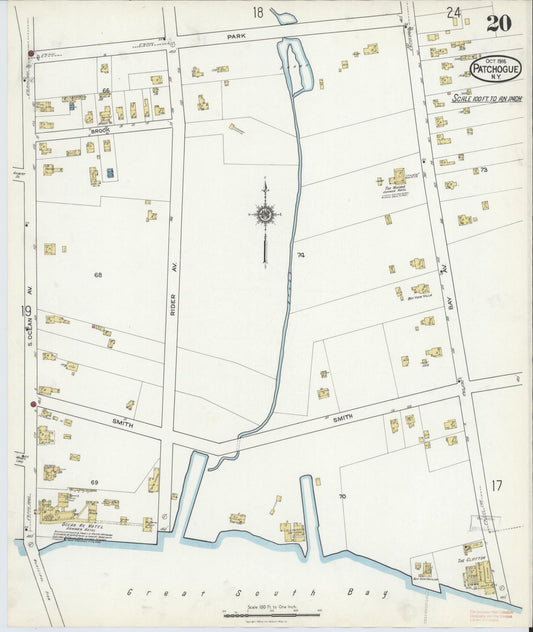 Sanborn Fire Insurance Map from Patchogue, Suffolk County, New York (1916), Sheet #0020 - Historic Sanborn Fire Insurance Map Print, vintage old map wall art, antique decor, genealogy gift, New York New York map