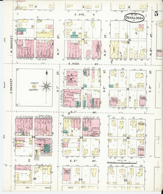 Sanborn Fire Insurance Map from Oskaloosa, Mahaska County, Iowa (1891), Sheet #0005 - Historic Sanborn Fire Insurance Map Print, vintage old map wall art