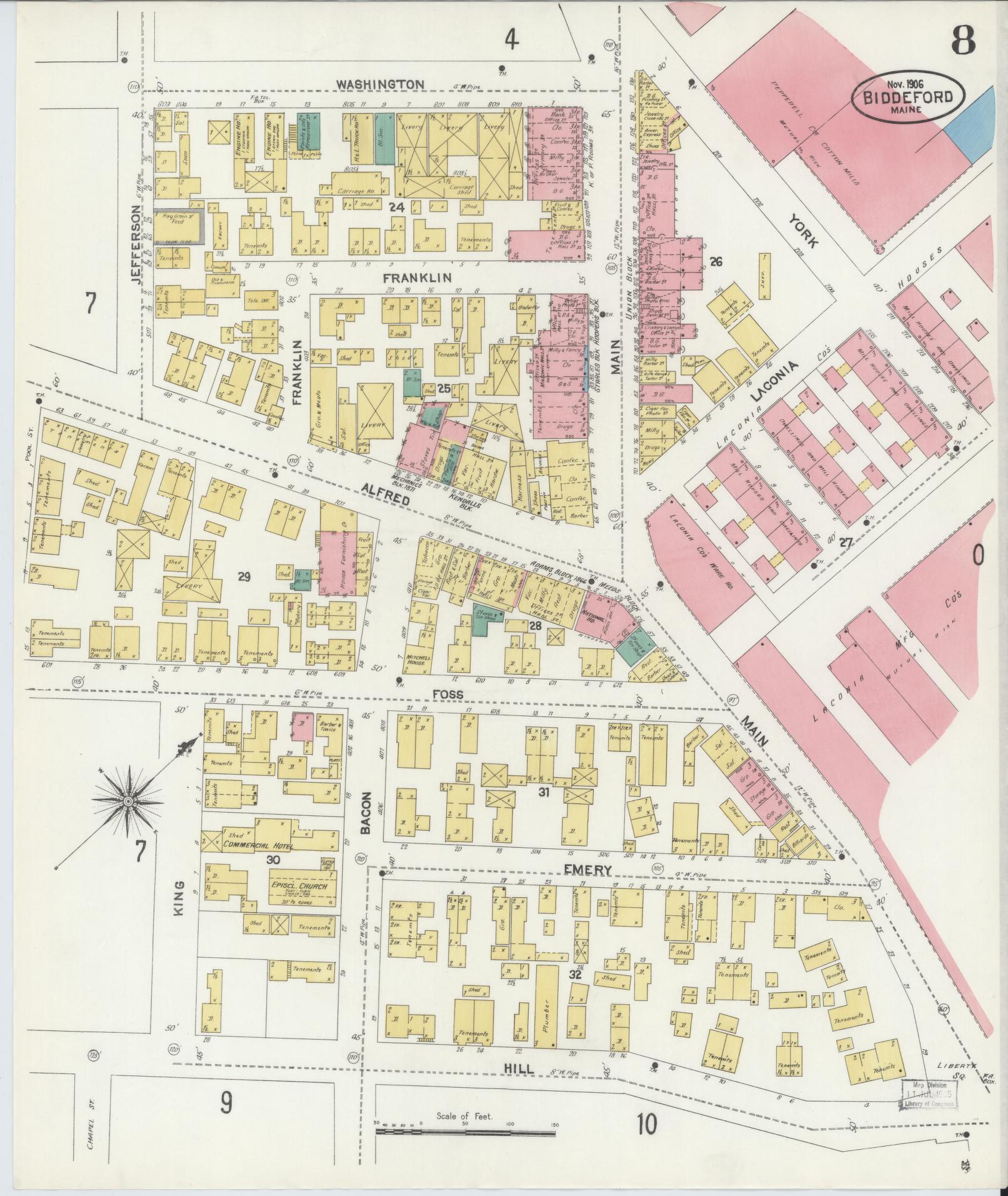 Sanborn Fire Insurance Map from Biddeford, York County, Maine (1906), Sheet #0008 - Complete Map Set gallery image, historic Sanborn map, vintage wall art, Maine Maine