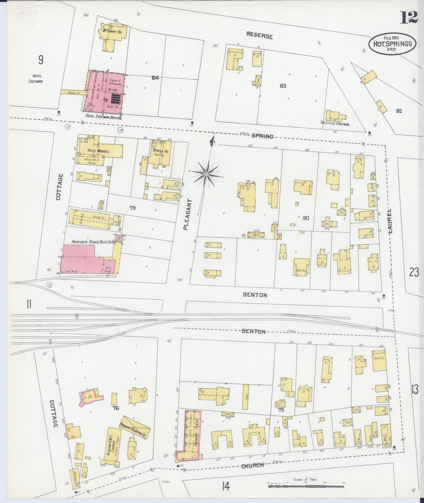 Sanborn Fire Insurance Map from Hot Springs, Garland County, Arkansas (1901), Sheet #0012 - Historic Sanborn Fire Insurance Map Print, vintage old map wall art, antique decor, genealogy gift, Arkansas Arkansas map