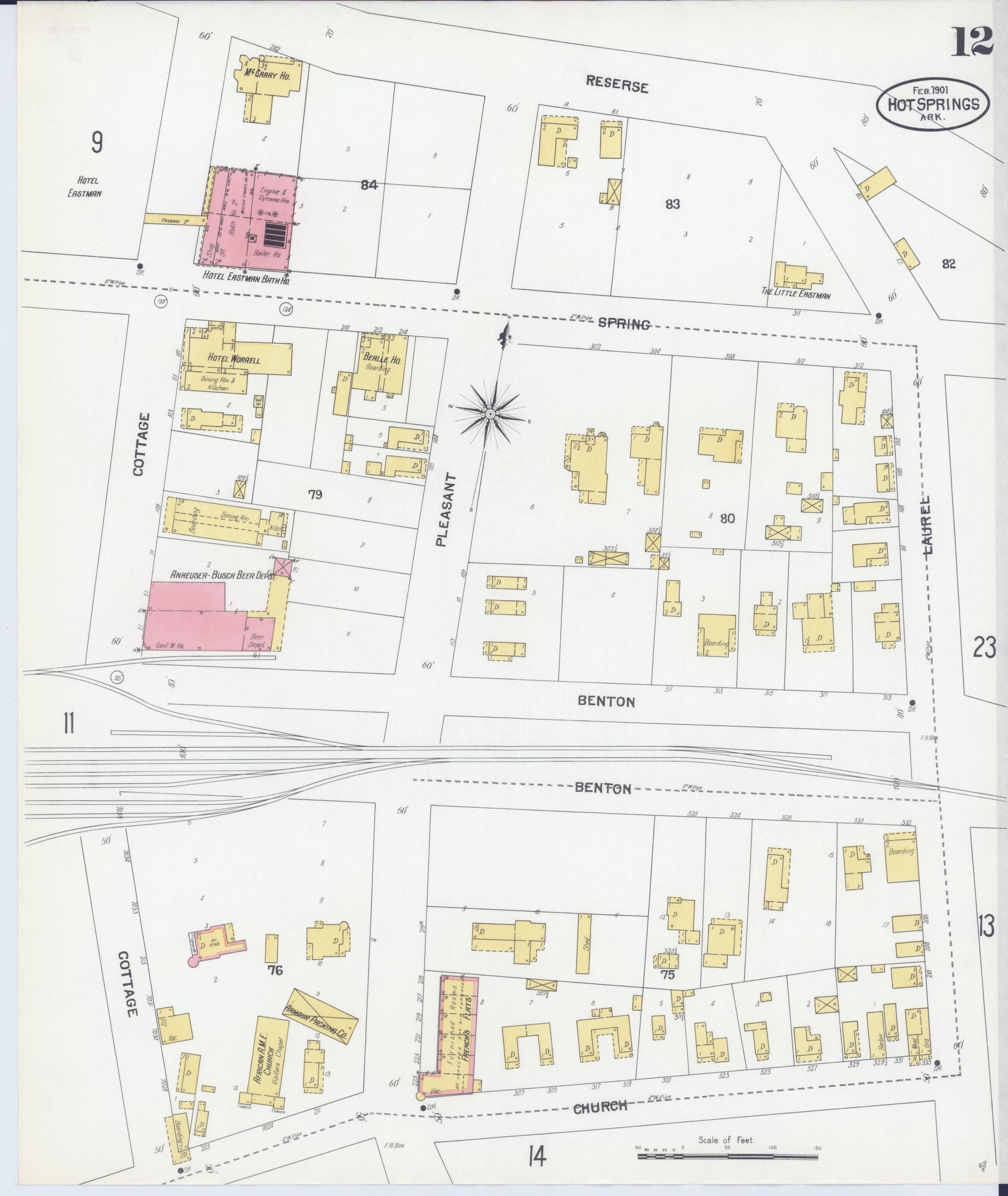 Sanborn Fire Insurance Map from Hot Springs, Garland County, Arkansas (1901), Sheet #0012 - Historic Sanborn Fire Insurance Map Print, vintage old map wall art, antique decor, genealogy gift, Arkansas Arkansas map