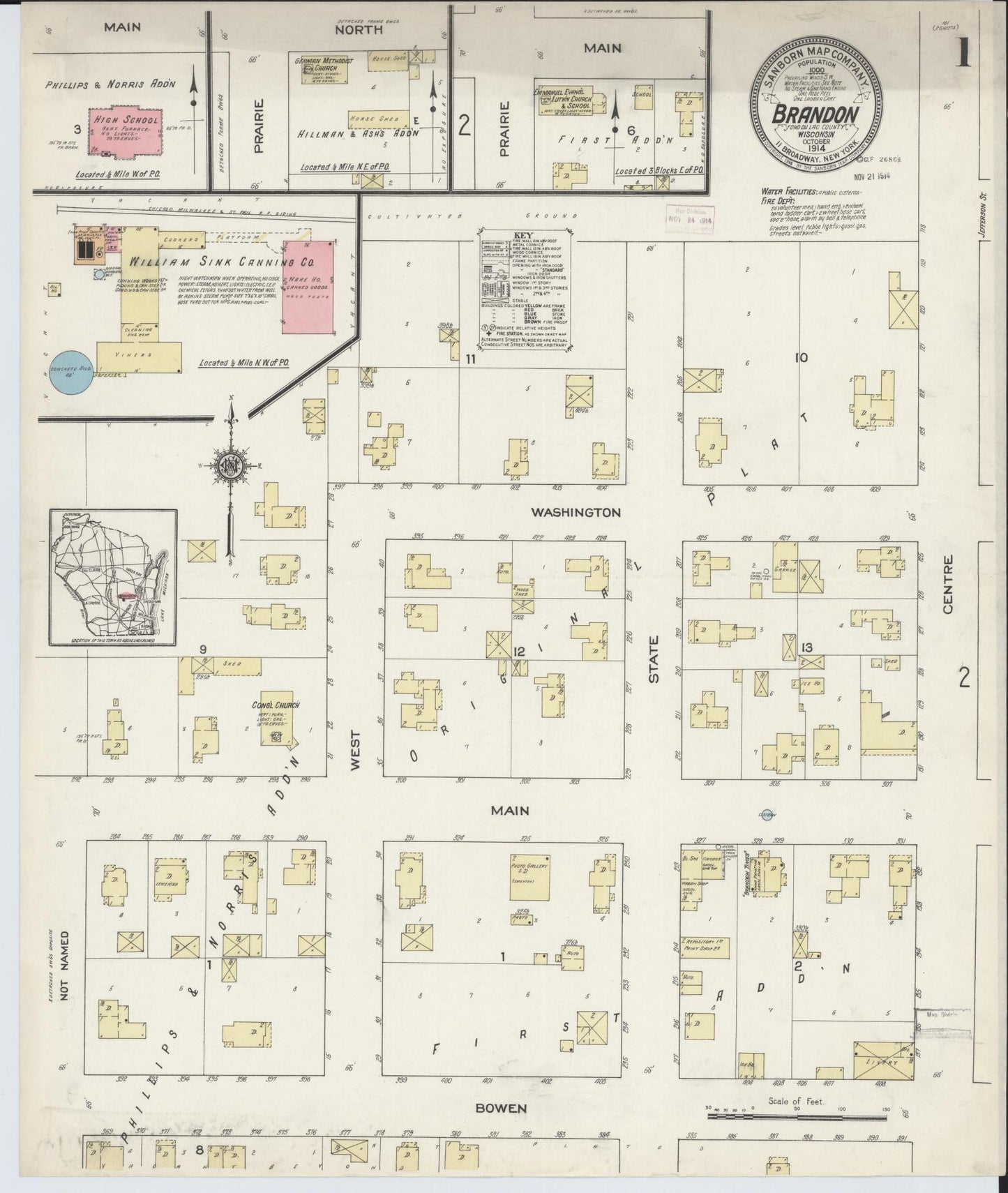 Sanborn Fire Insurance Map from Brandon, Fond du Lac County, Wisconsin (1914), Sheet #0001 - Historic Sanborn Fire Insurance Map Print, vintage old map wall art, antique decor, genealogy gift, Wisconsin Wisconsin map