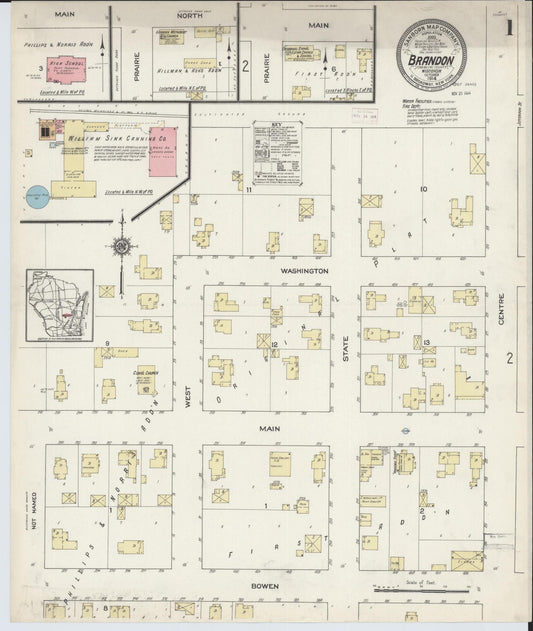 Sanborn Fire Insurance Map from Brandon, Fond du Lac County, Wisconsin (1914), Sheet #0001 - Historic Sanborn Fire Insurance Map Print, vintage old map wall art, antique decor, genealogy gift, Wisconsin Wisconsin map