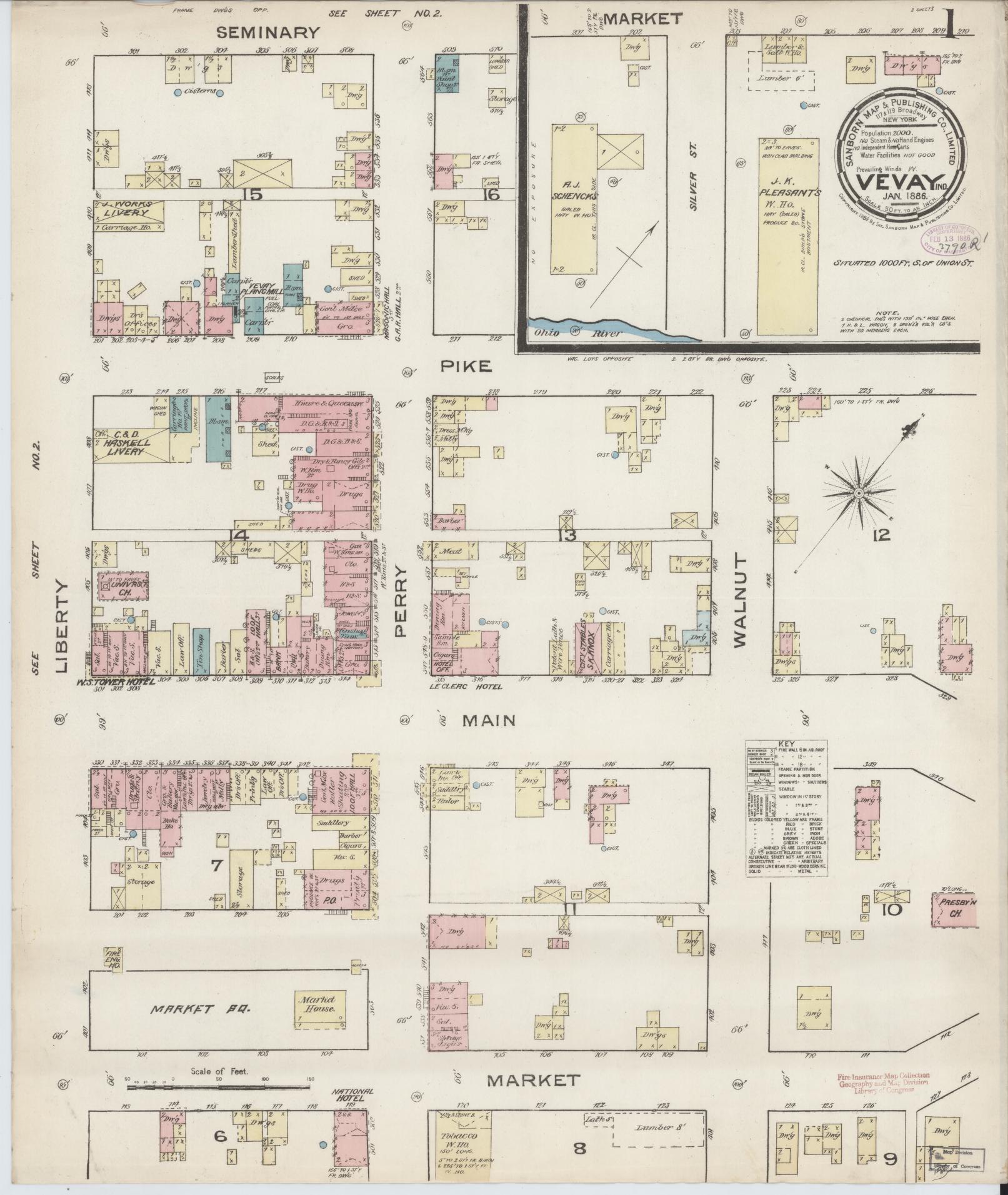 Sanborn Fire Insurance Map from Vevay, Switzerland County, Indiana. (1886) – Historic Sanborn Fire Insurance Map Print