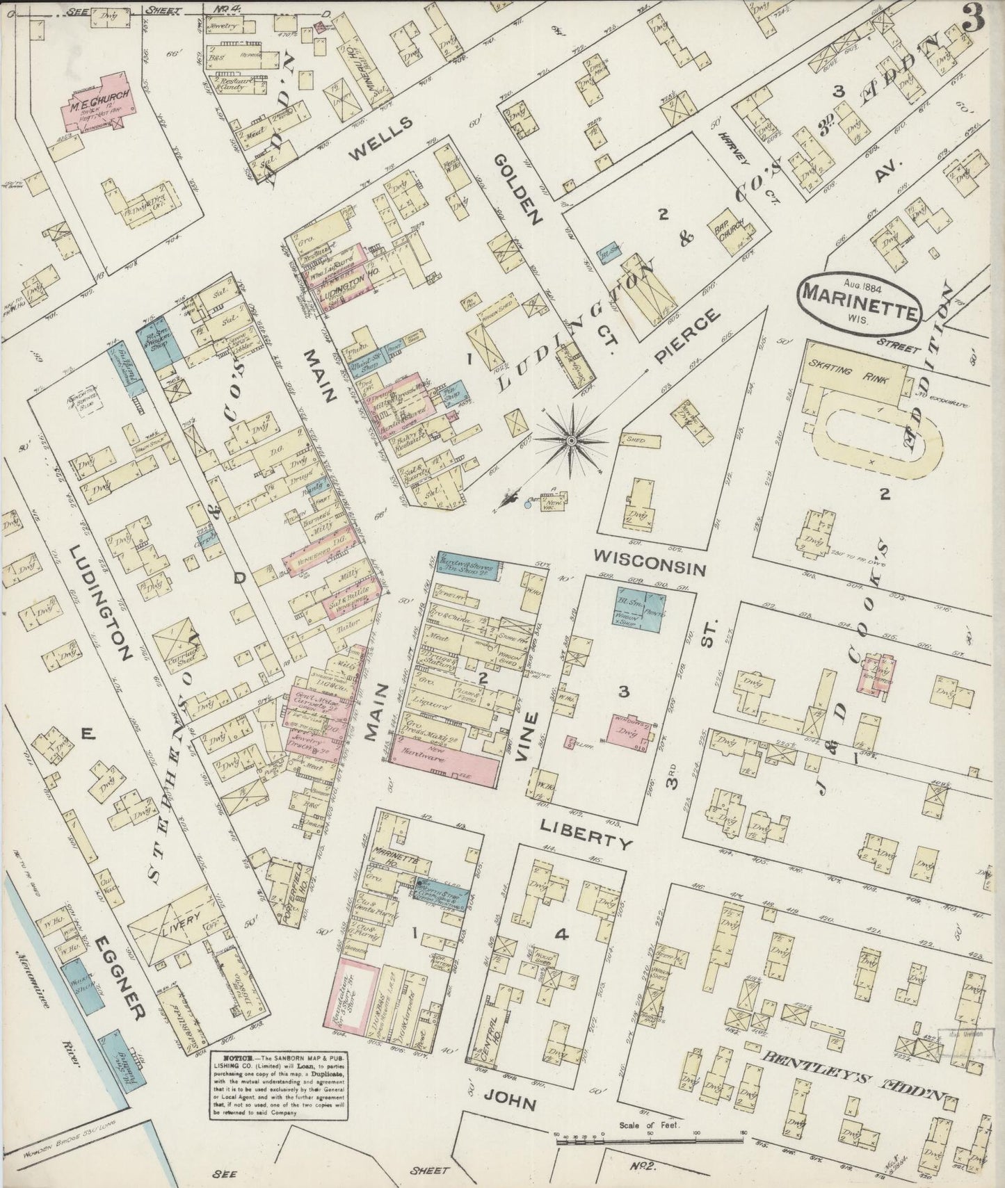 Sanborn Fire Insurance Map from Marinette, Marinette County, Wisconsin (1884), Sheet #0003 - Historic Sanborn Fire Insurance Map Print, vintage old map wall art, antique decor, genealogy gift, Wisconsin Wisconsin map