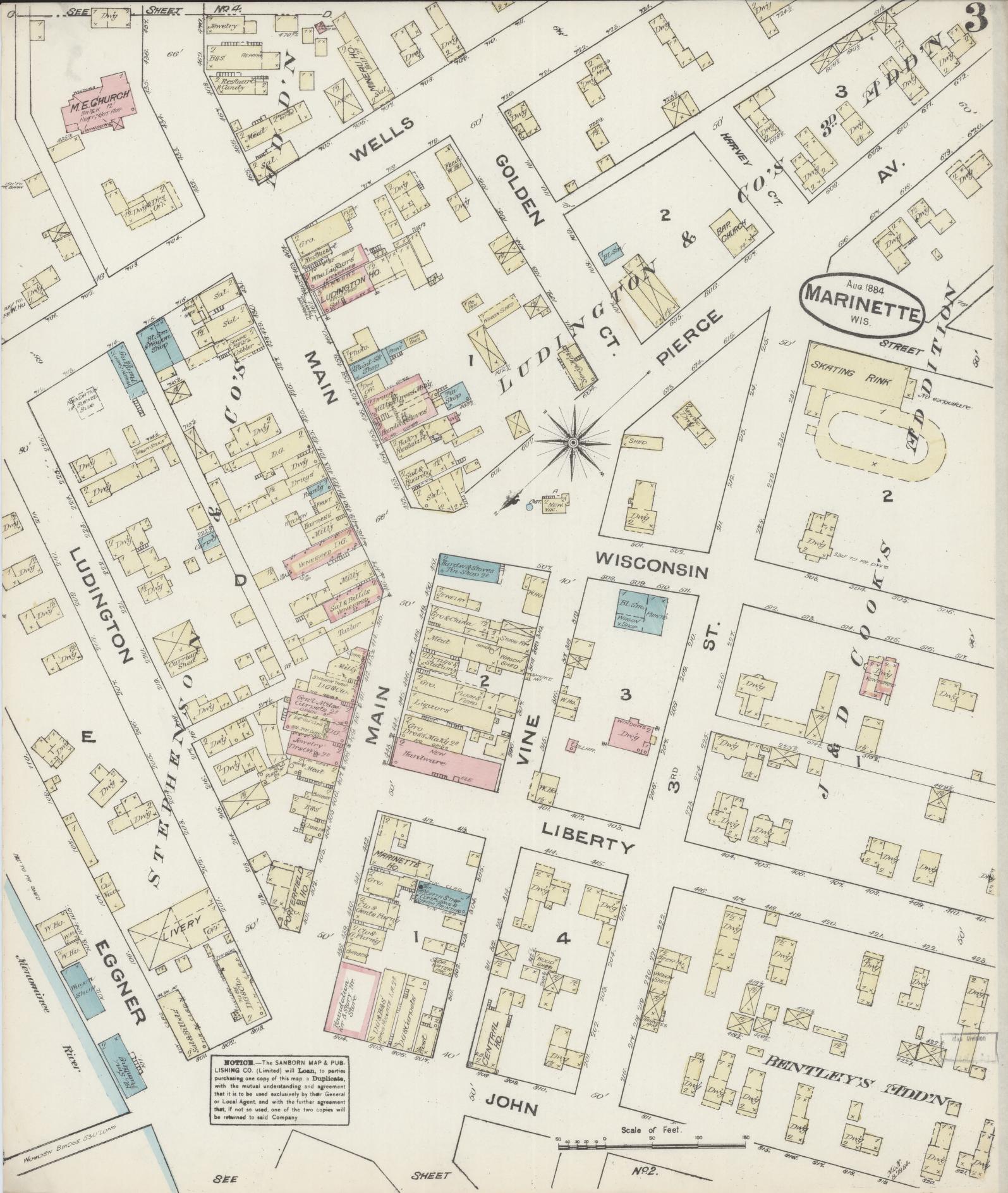 Sanborn Fire Insurance Map from Marinette, Marinette County, Wisconsin (1884), Sheet #0003 - Historic Sanborn Fire Insurance Map Print, vintage old map wall art, antique decor, genealogy gift, Wisconsin Wisconsin map