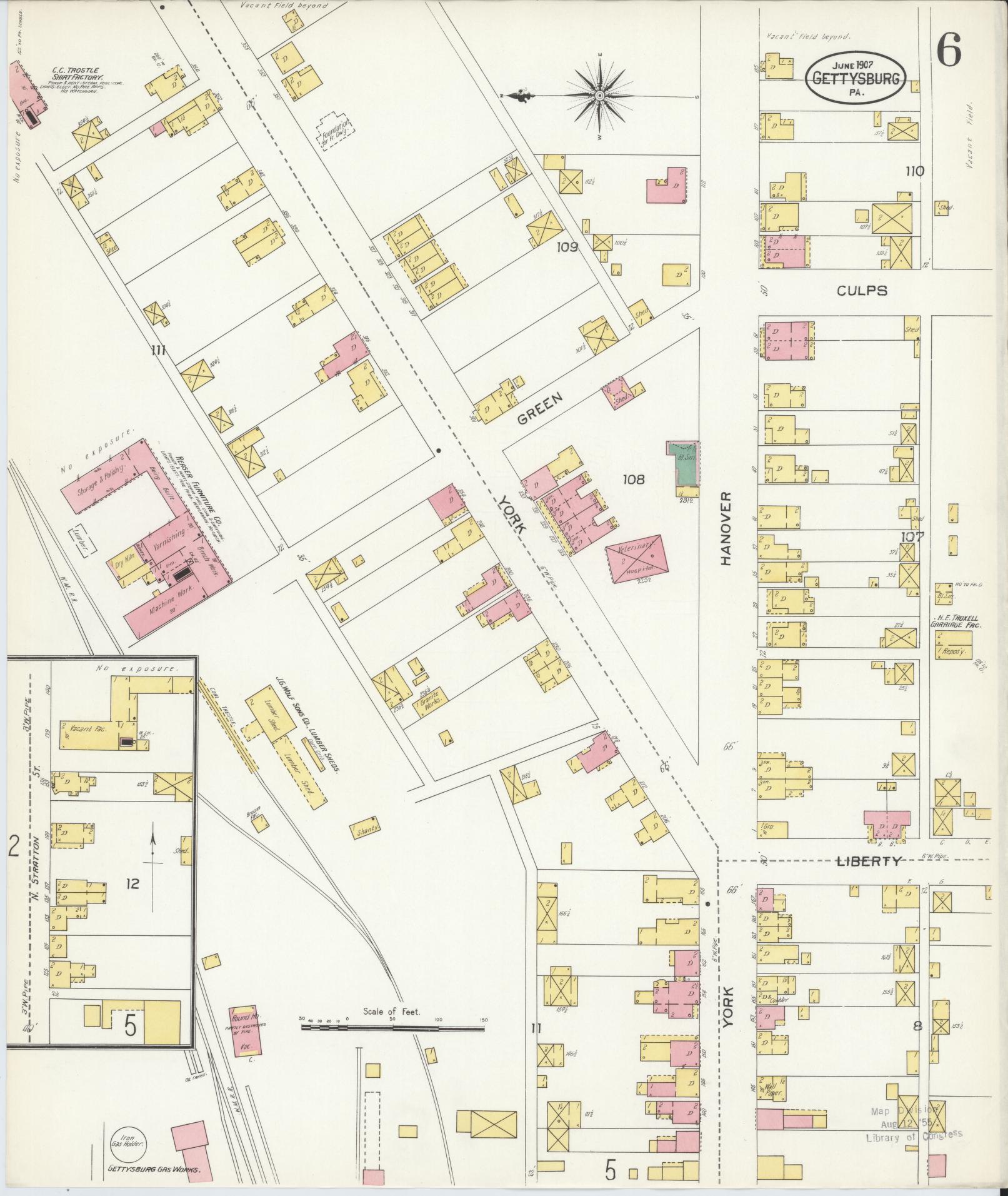 Sanborn Fire Insurance Map from Gettysburg, Adams County, Pennsylvania (1907), Sheet #0006 - Complete Map Set gallery image, historic Sanborn map, vintage wall art, Pennsylvania Pennsylvania