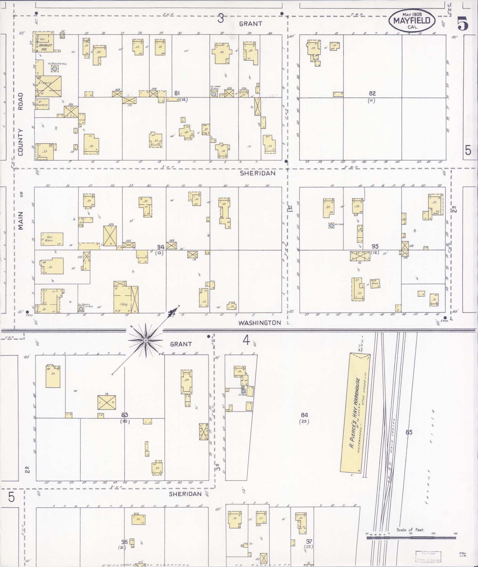 Sanborn Fire Insurance Map from Mayfield, Santa Clara County, California (1908), Sheet #0005 - Historic Sanborn Fire Insurance Map Print, vintage old map wall art, antique decor, genealogy gift, California California map