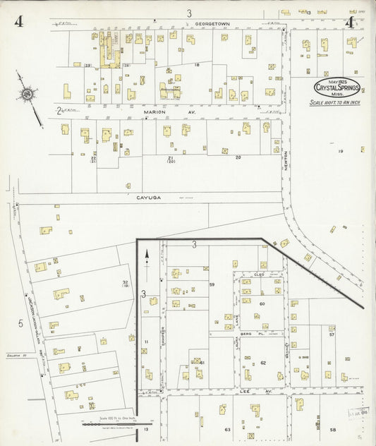 Sanborn Fire Insurance Map from Crystal Springs, Copiah County, Mississippi (1925), Sheet #0004 - Historic Sanborn Fire Insurance Map Print, vintage old map wall art, antique decor, genealogy gift, Mississippi Mississippi map