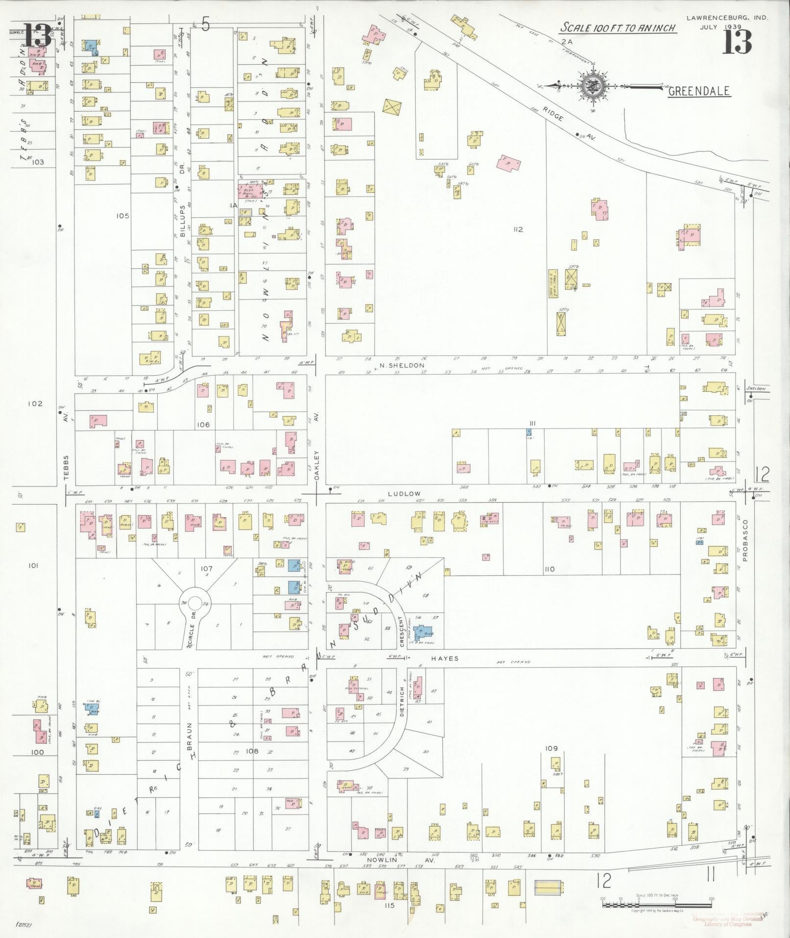 Sanborn Fire Insurance Map from Lawrenceburg, Dearborn County, Indiana (1939), Sheet #0013 - Complete Map Set gallery image, historic Sanborn map, vintage wall art, Indiana Indiana