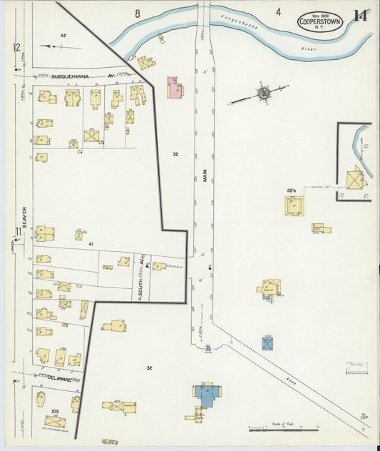 Sanborn Fire Insurance Map from Cooperstown, Otsego County, New York (1909), Sheet #0014 - Historic Sanborn Fire Insurance Map Print, vintage old map wall art, antique decor, genealogy gift, New York New York map