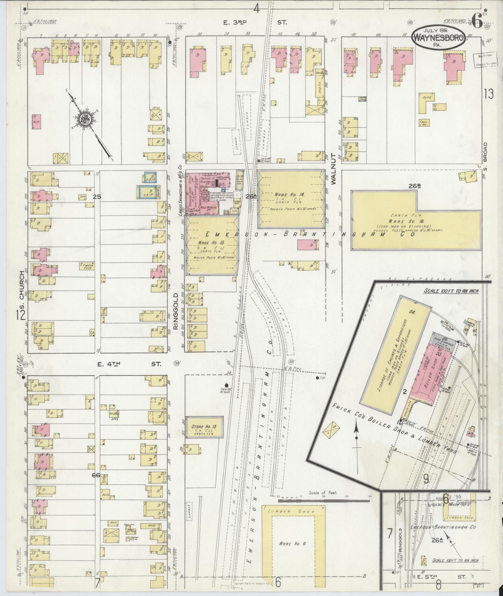 Sanborn Fire Insurance Map from Waynesboro, Franklin County, Pennsylvania (1916), Sheet #0006 - Historic Sanborn Fire Insurance Map Print, vintage old map wall art, antique decor, genealogy gift, Pennsylvania Pennsylvania map