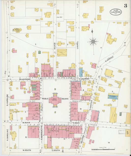 Sanborn Fire Insurance Map from Laurens, Laurens County, South Carolina (1901), Sheet #0003 - Historic Sanborn Fire Insurance Map Print, vintage old map wall art, antique decor, genealogy gift, South Carolina South Carolina map