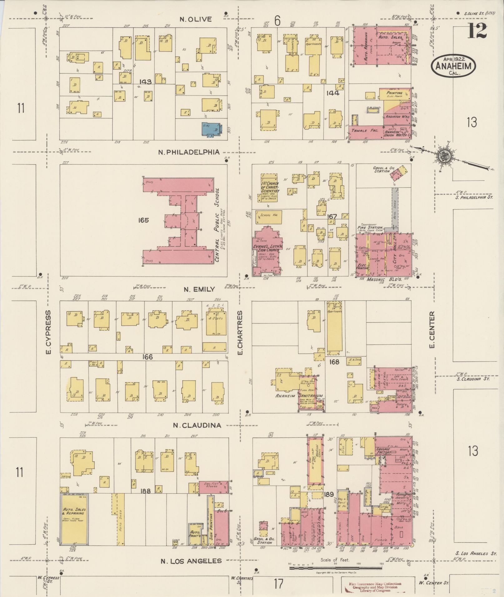 Sanborn Fire Insurance Map from Anaheim, Orange County, California (1922), Sheet #0012 - Historic Sanborn Fire Insurance Map Print, vintage old map wall art, antique decor, genealogy gift, California California map