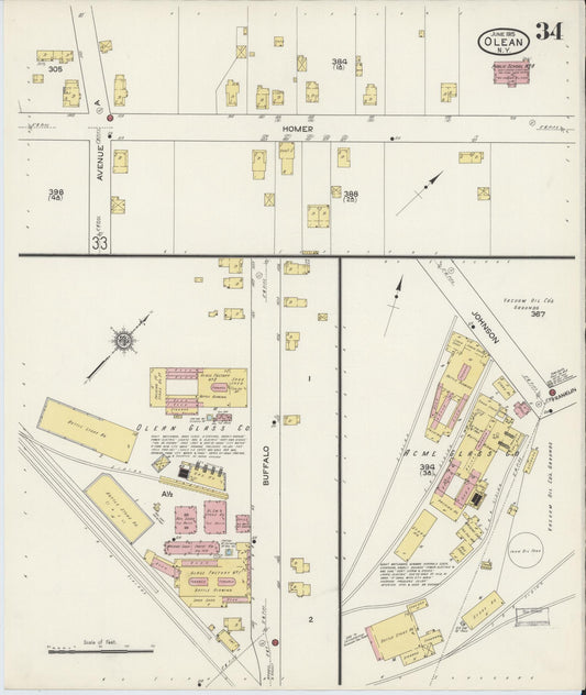 Sanborn Fire Insurance Map from Olean, Cattaraugus County, New York (1915), Sheet #0034 - Historic Sanborn Fire Insurance Map Print, vintage old map wall art, antique decor, genealogy gift, New York New York map