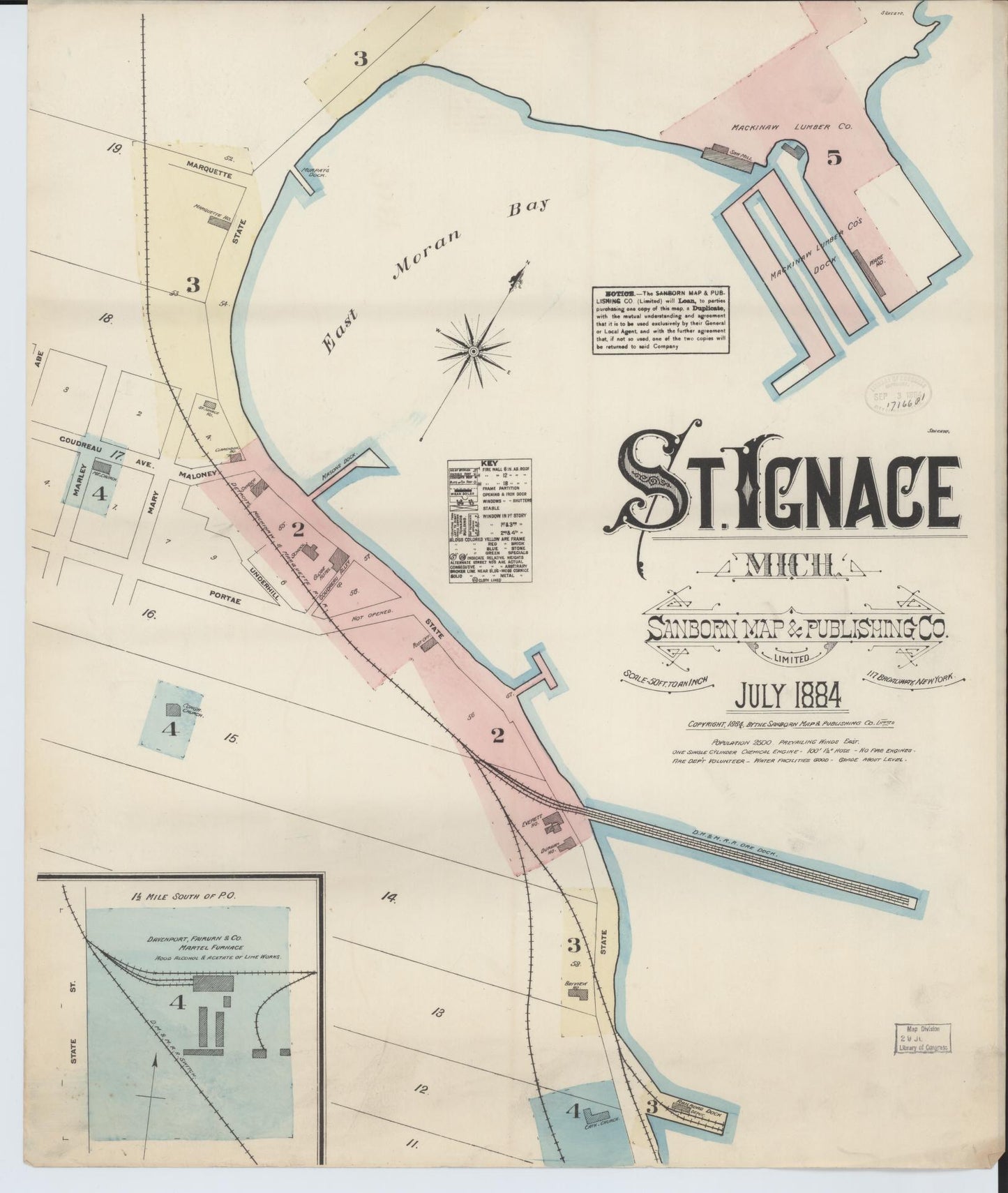 Sanborn Fire Insurance Map from Saint Ignace, Mackinac County, Michigan (1884), Sheet #0001 - Historic Sanborn Fire Insurance Map Print, vintage old map wall art, antique decor, genealogy gift, Michigan Michigan map