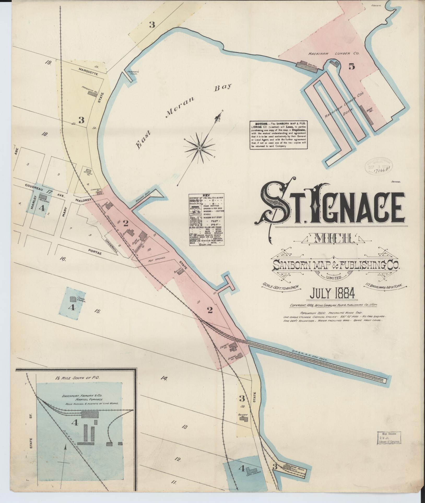 Sanborn Fire Insurance Map from Saint Ignace, Mackinac County, Michigan (1884), Sheet #0001 - Historic Sanborn Fire Insurance Map Print, vintage old map wall art, antique decor, genealogy gift, Michigan Michigan map