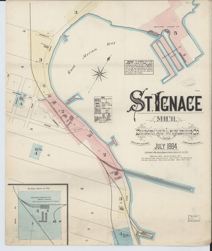 Sanborn Fire Insurance Map from Saint Ignace, Mackinac County, Michigan (1884), Sheet #0001 - Historic Sanborn Fire Insurance Map Print, vintage old map wall art, antique decor, genealogy gift, Michigan Michigan map