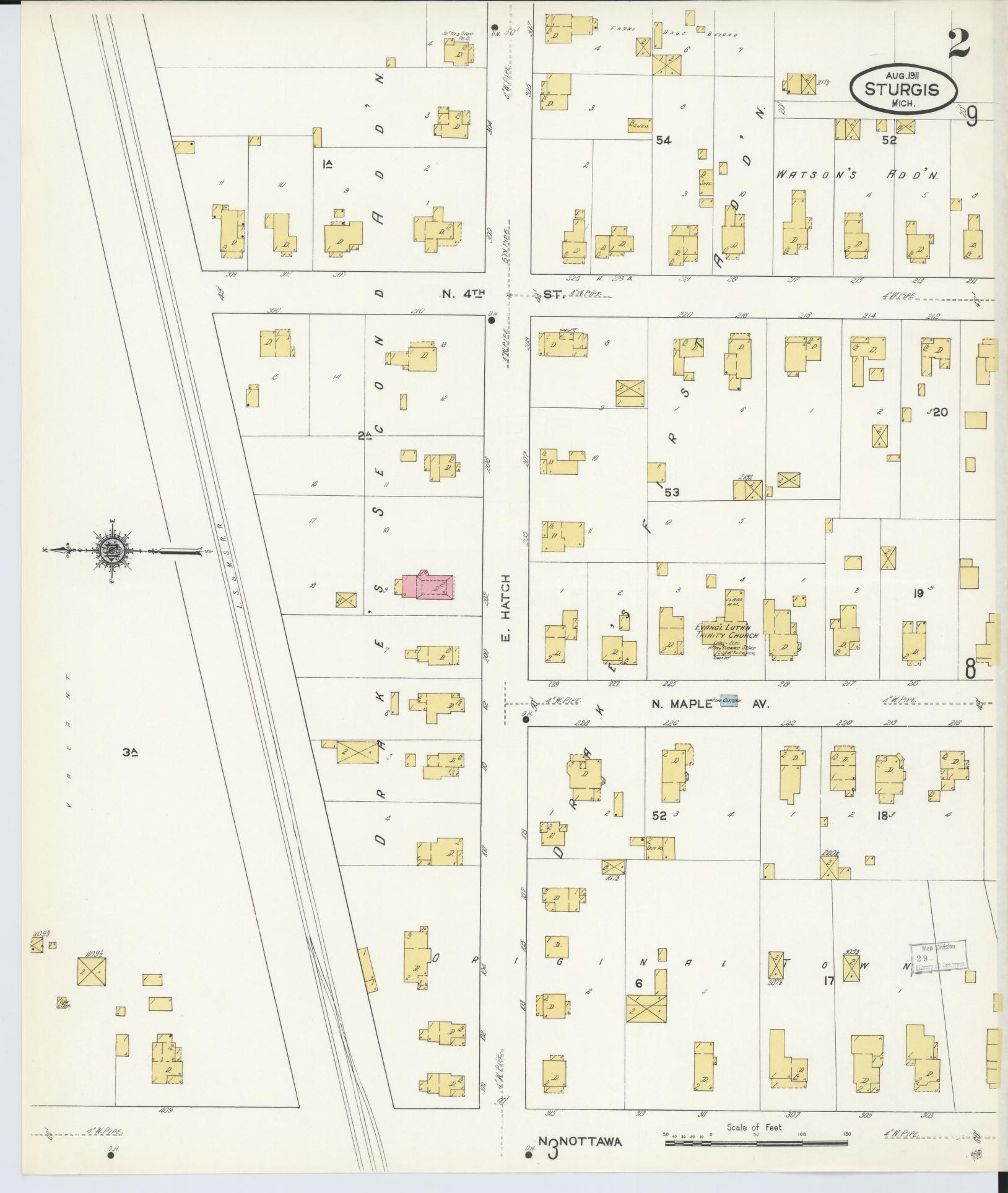 Sanborn Fire Insurance Map from Sturgis, Saint Joseph County, Michigan (1911), Sheet #0002 - Historic Sanborn Fire Insurance Map Print, vintage old map wall art, antique decor, genealogy gift, Michigan Michigan map