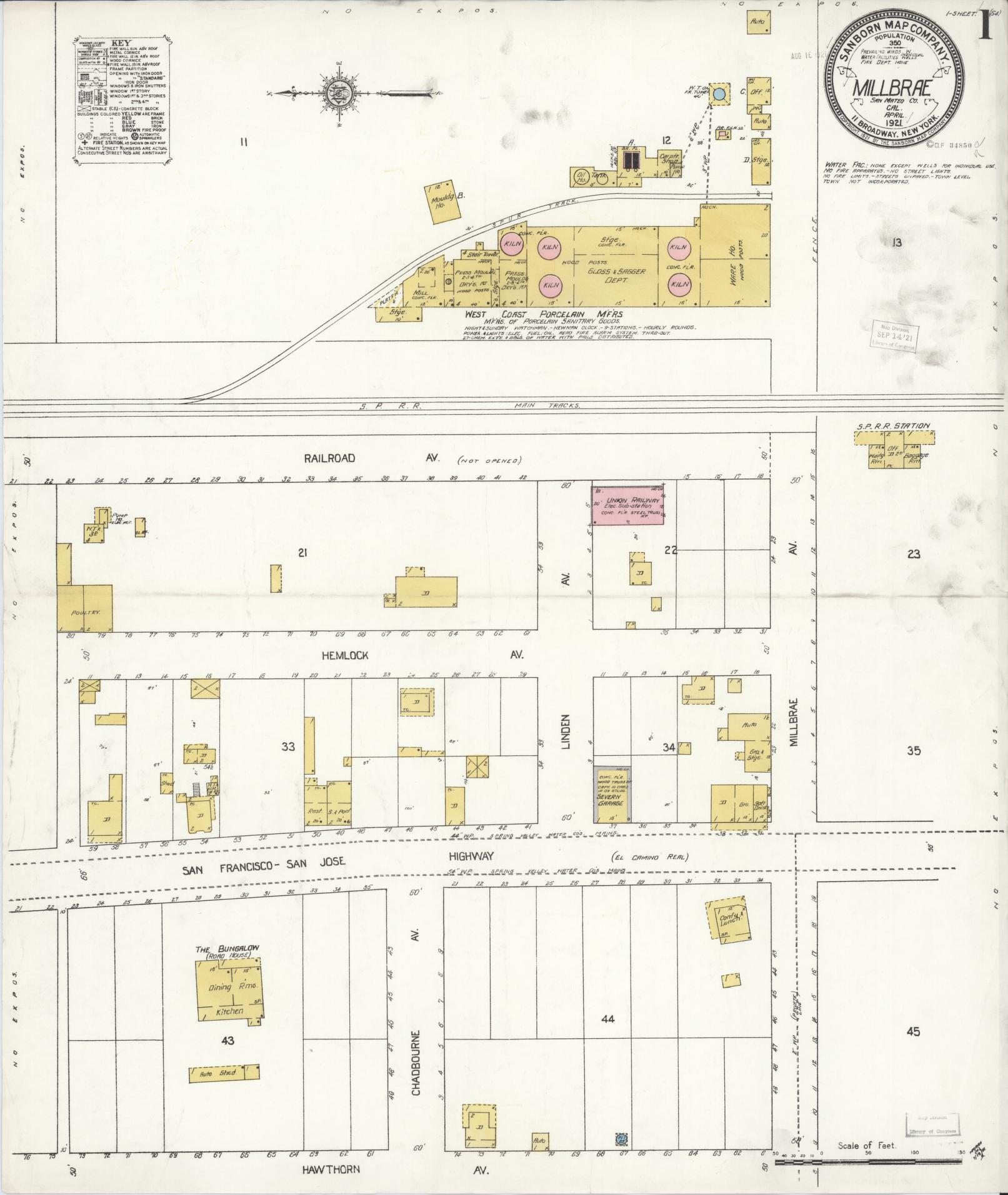 Sanborn Fire Insurance Map from Millbrae, San Mateo County, California (1921), Sheet #0001 - Historic Sanborn Fire Insurance Map Print, vintage old map wall art, antique decor, genealogy gift, California California map