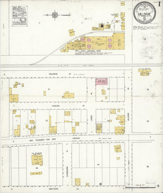 Sanborn Fire Insurance Map from Millbrae, San Mateo County, California (1921), Sheet #0001 - Historic Sanborn Fire Insurance Map Print, vintage old map wall art, antique decor, genealogy gift, California California map