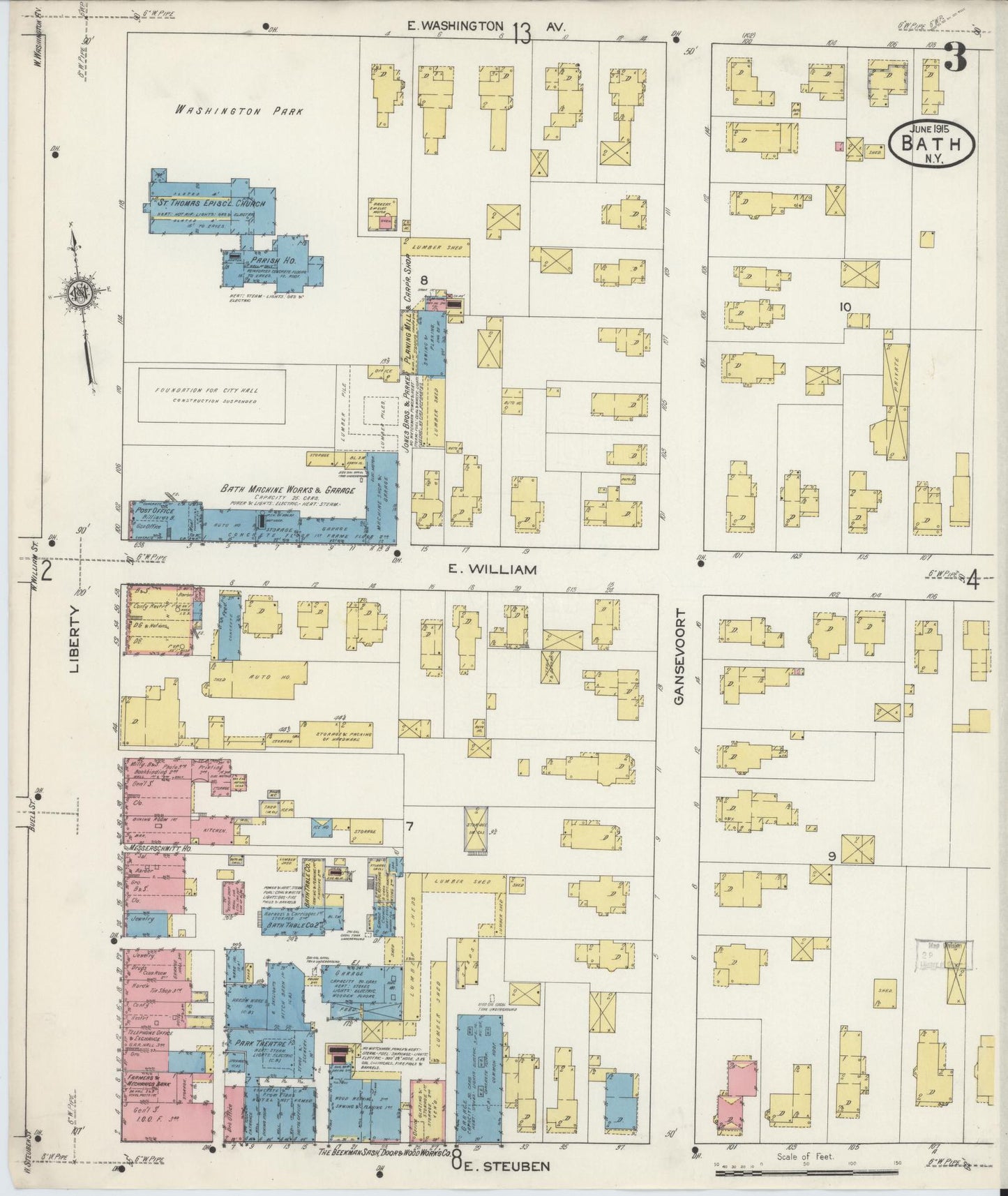 Sanborn Fire Insurance Map from Bath, Steuben County, New York (1915), Sheet #0003 - Historic Sanborn Fire Insurance Map Print, vintage old map wall art, antique decor, genealogy gift, New York New York map
