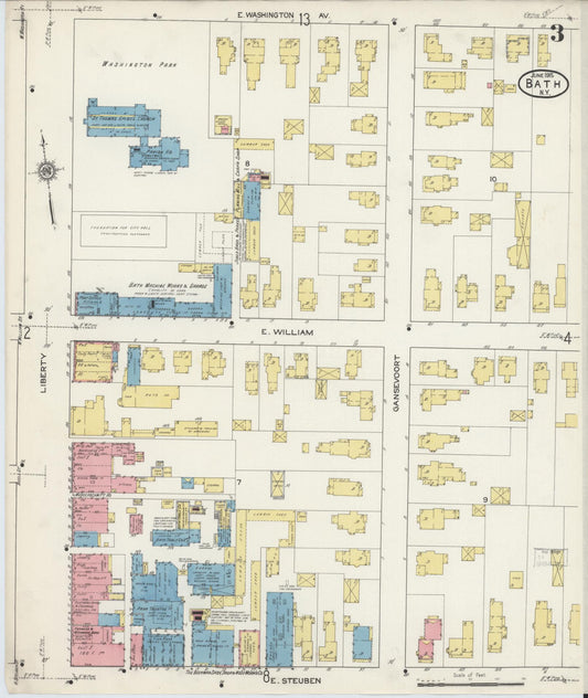 Sanborn Fire Insurance Map from Bath, Steuben County, New York (1915), Sheet #0003 - Historic Sanborn Fire Insurance Map Print, vintage old map wall art, antique decor, genealogy gift, New York New York map