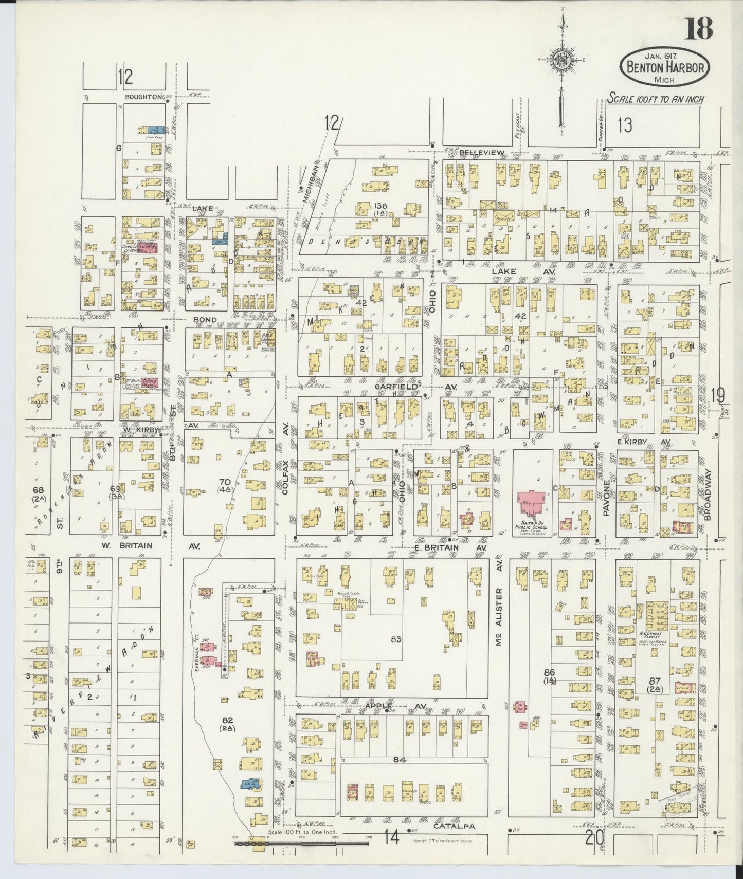 Sanborn Fire Insurance Map from Benton Harbor, Berrien County, Michigan (1917), Sheet #0018 - Historic Sanborn Fire Insurance Map Print, vintage old map wall art, antique decor, genealogy gift, Michigan Michigan map
