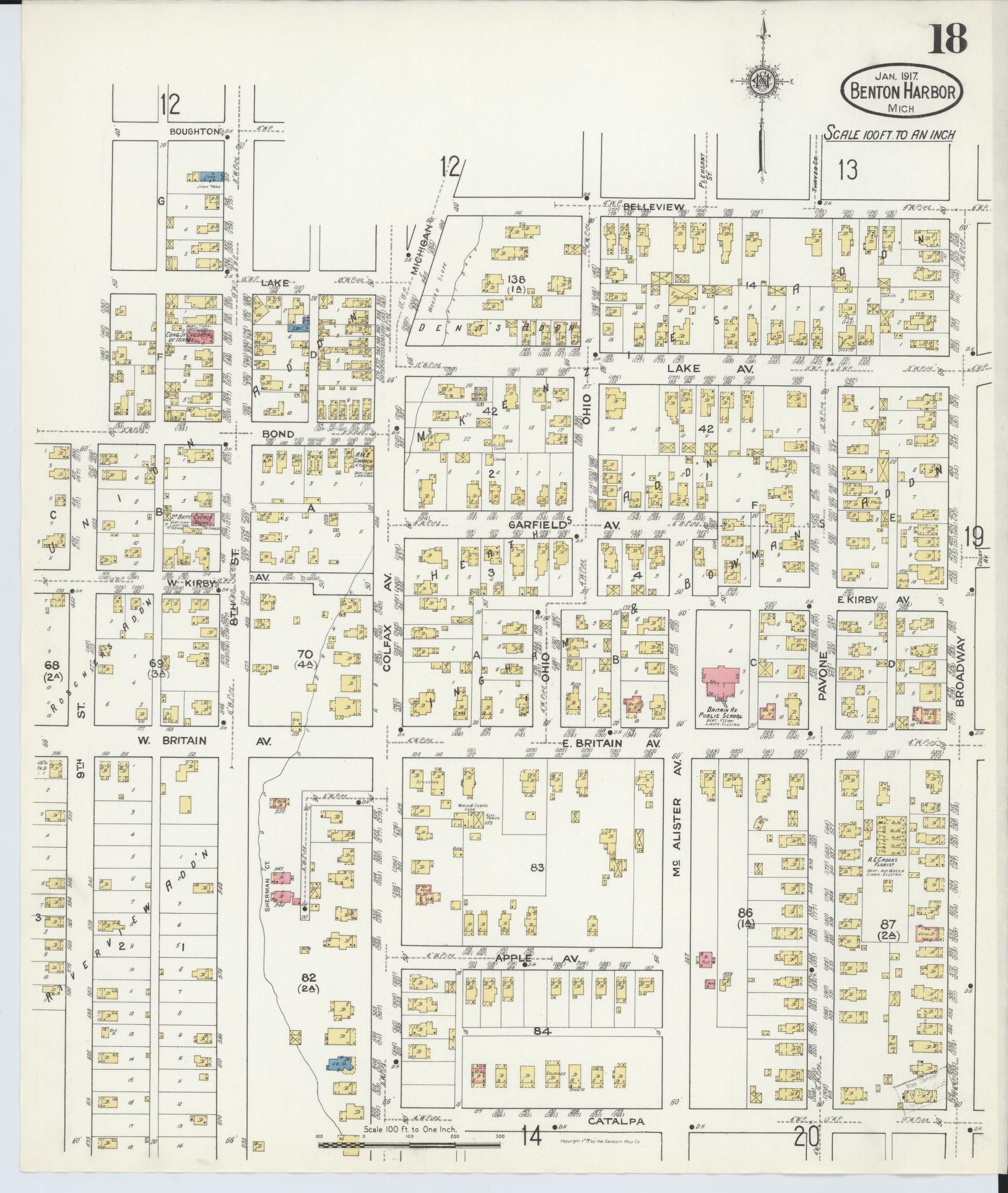 Sanborn Fire Insurance Map from Benton Harbor, Berrien County, Michigan (1917), Sheet #0018 - Historic Sanborn Fire Insurance Map Print, vintage old map wall art, antique decor, genealogy gift, Michigan Michigan map