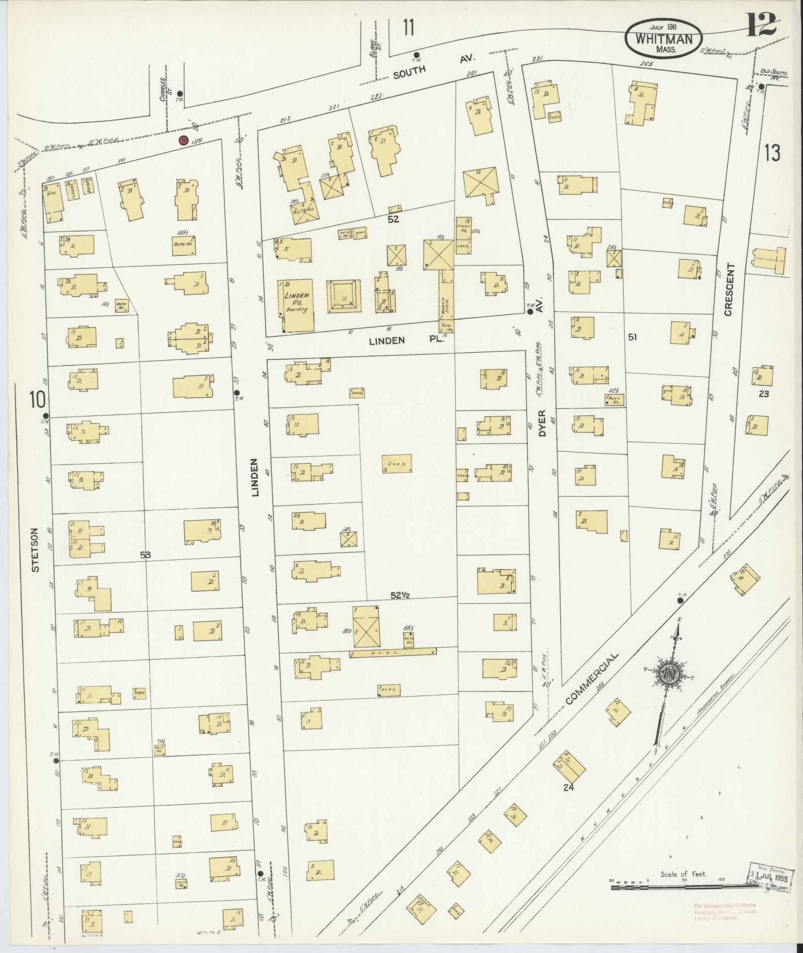 Sanborn Fire Insurance Map from Whitman, Plymouth County, Massachusetts (1911), Sheet #0012 - Historic Sanborn Fire Insurance Map Print, vintage old map wall art, antique decor, genealogy gift, Massachusetts Massachusetts map