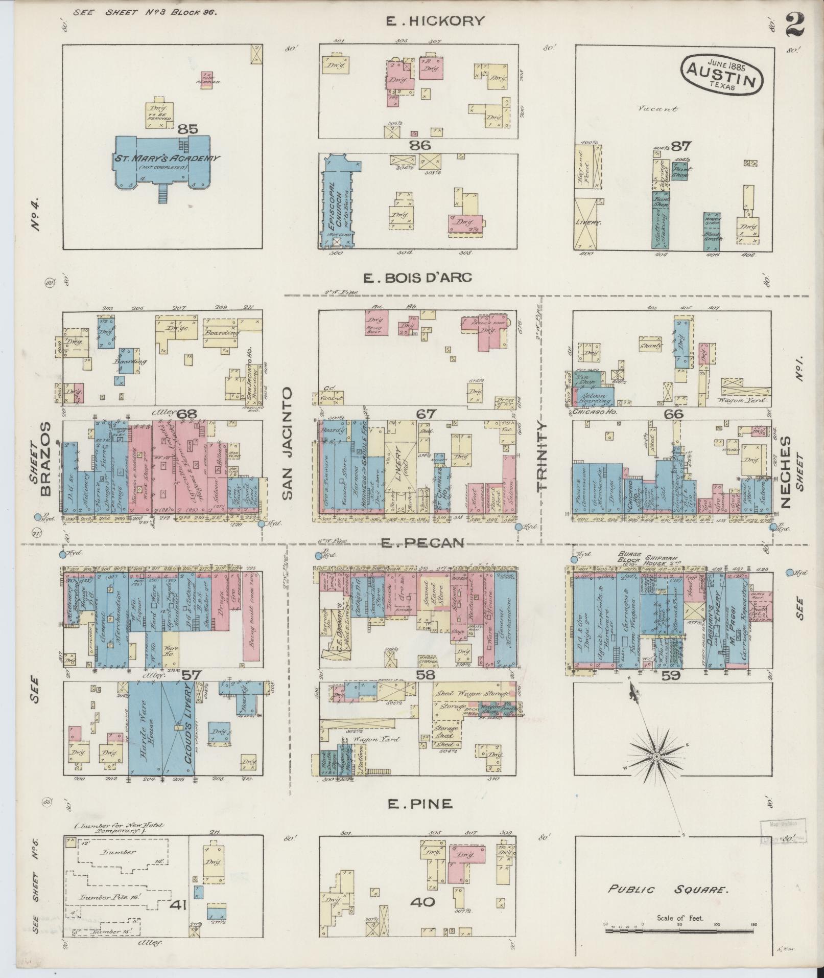 Sanborn Fire Insurance Map from Austin, Travis County, Texas (1885), Sheet #0002 - Historic Sanborn Fire Insurance Map Print, vintage old map wall art, antique decor, genealogy gift, Texas Texas map