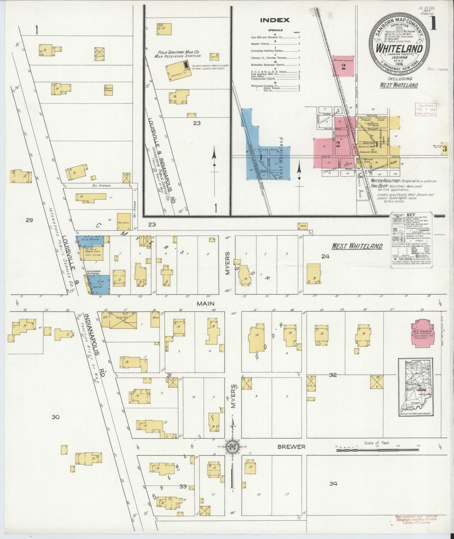 Sanborn Fire Insurance Map from Whiteland, Johnson County, Indiana (1916), Sheet #0001 - Complete Map Set gallery image, historic Sanborn map, vintage wall art, Indiana Indiana