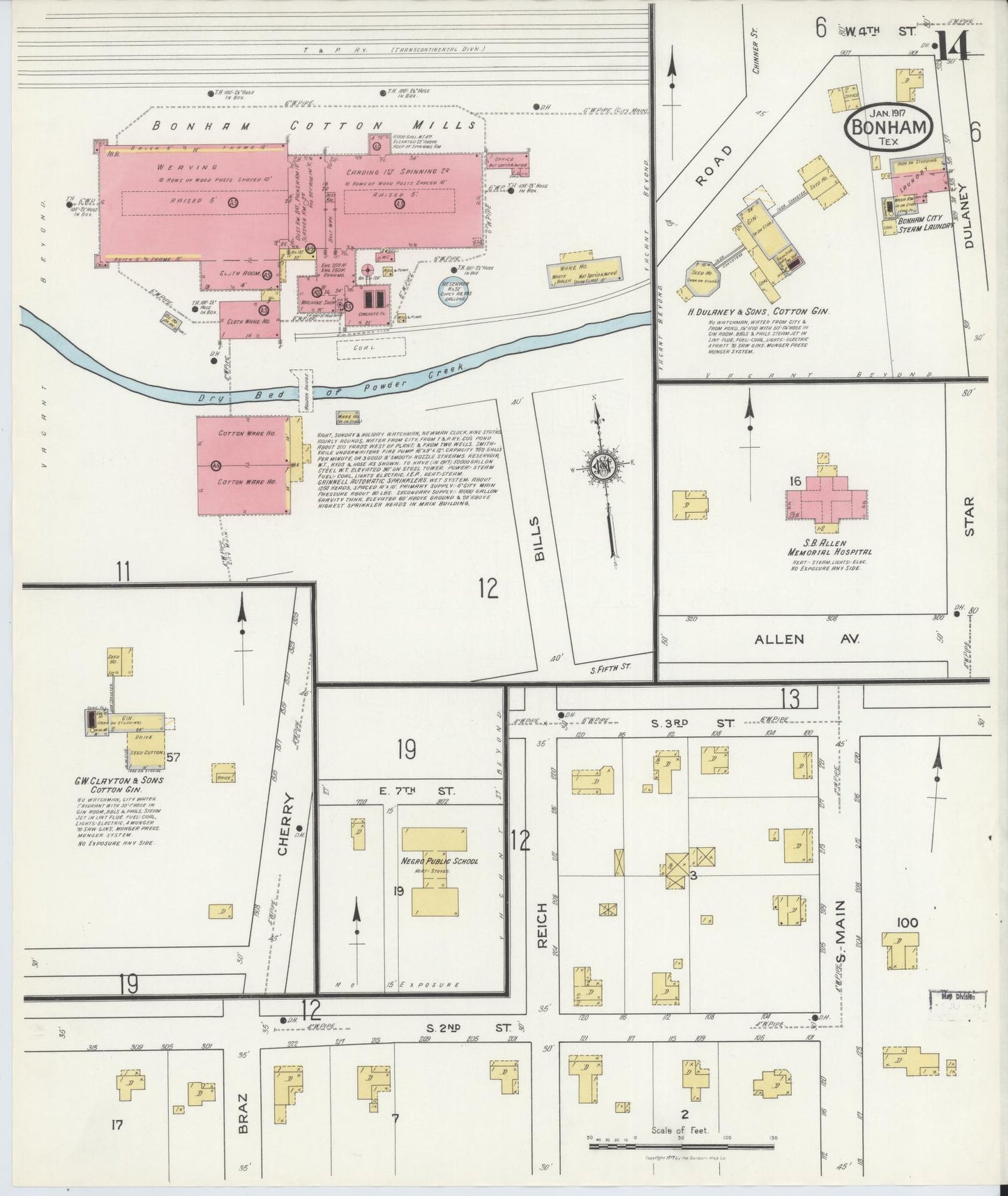 Sanborn Fire Insurance Map from Bonham, Fannin County, Texas (1917), Sheet #0014 - Historic Sanborn Fire Insurance Map Print, vintage old map wall art, antique decor, genealogy gift, Texas Texas map