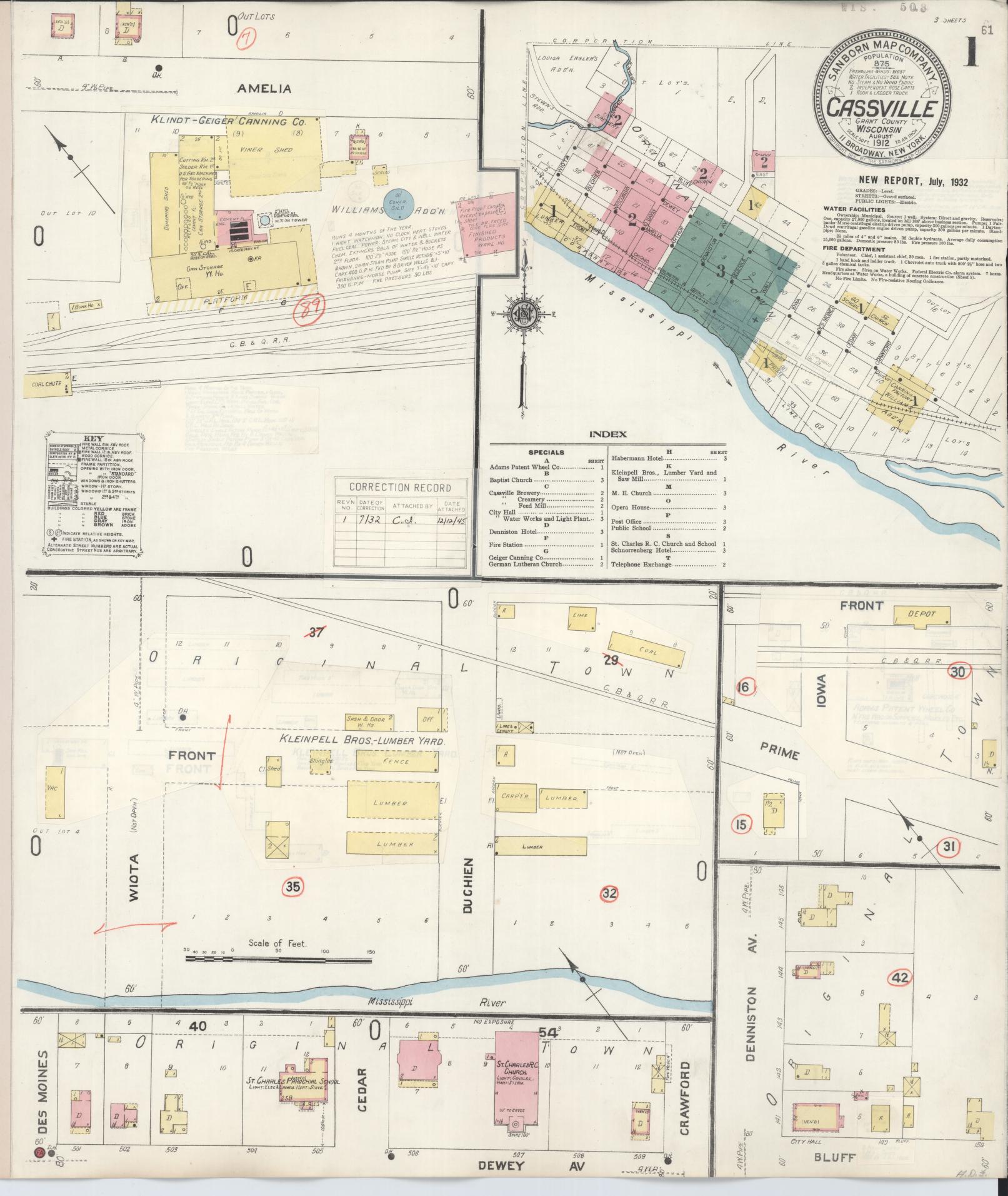 Sanborn Fire Insurance Map from Cassville, Grant County, Wisconsin (1932), Sheet #0001 - Historic Sanborn Fire Insurance Map Print, vintage old map wall art, antique decor, genealogy gift, Wisconsin Wisconsin map