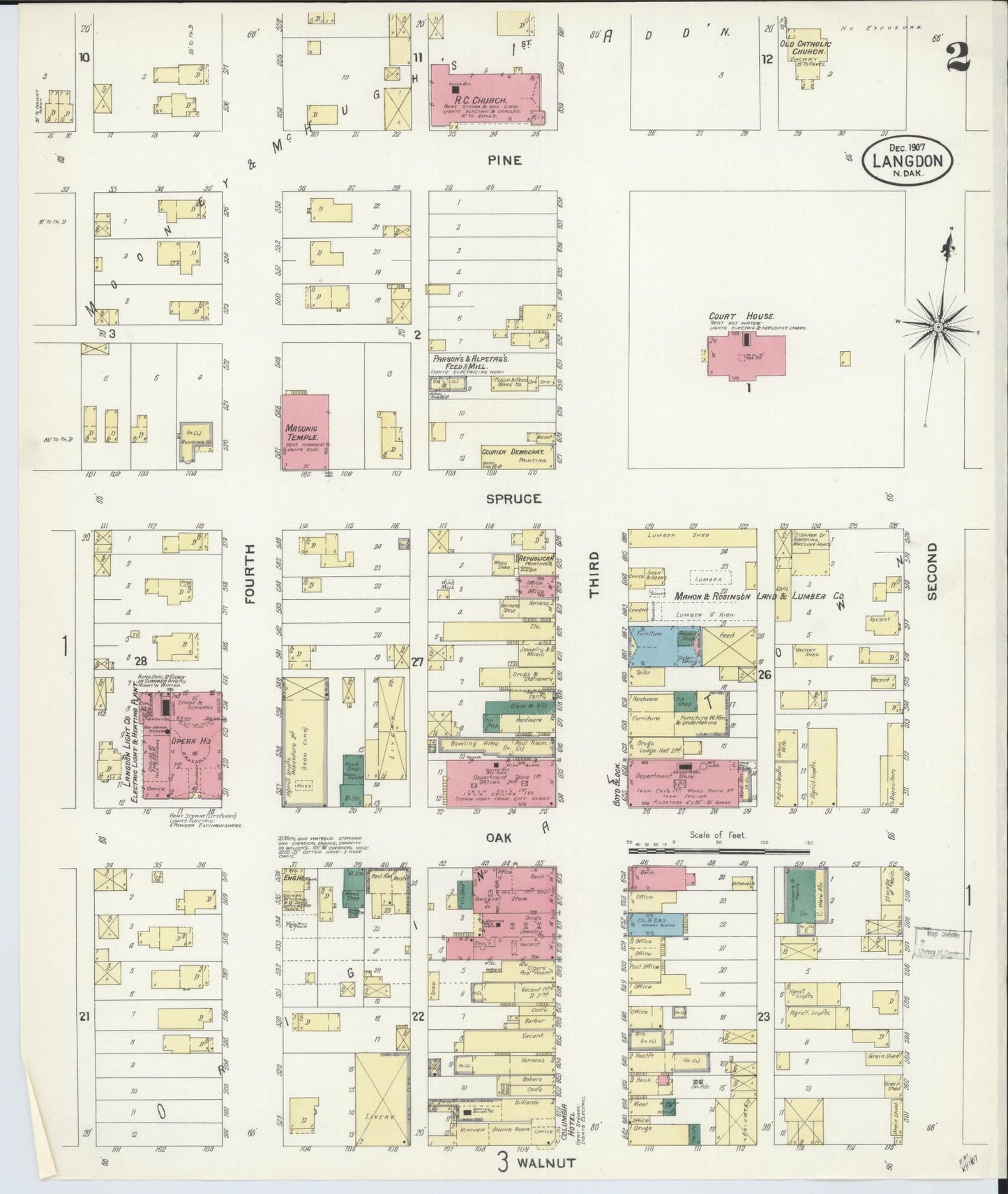 Sanborn Fire Insurance Map from Langdon, Cavalier County, North Dakota (1907), Sheet #0002 - Historic Sanborn Fire Insurance Map Print, vintage old map wall art, antique decor, genealogy gift, North Dakota North Dakota map
