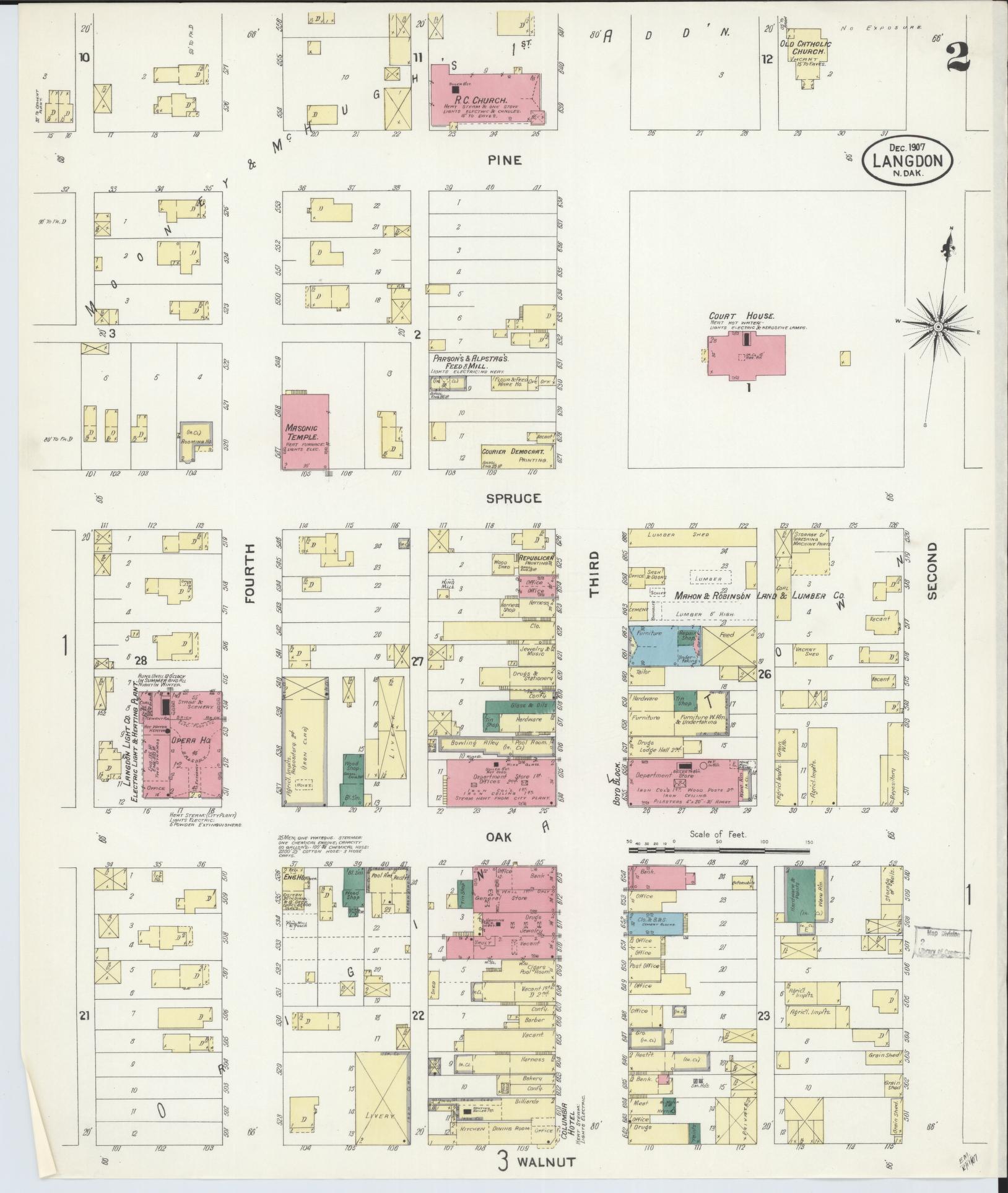 Sanborn Fire Insurance Map from Langdon, Cavalier County, North Dakota (1907), Sheet #0002 - Historic Sanborn Fire Insurance Map Print, vintage old map wall art, antique decor, genealogy gift, North Dakota North Dakota map
