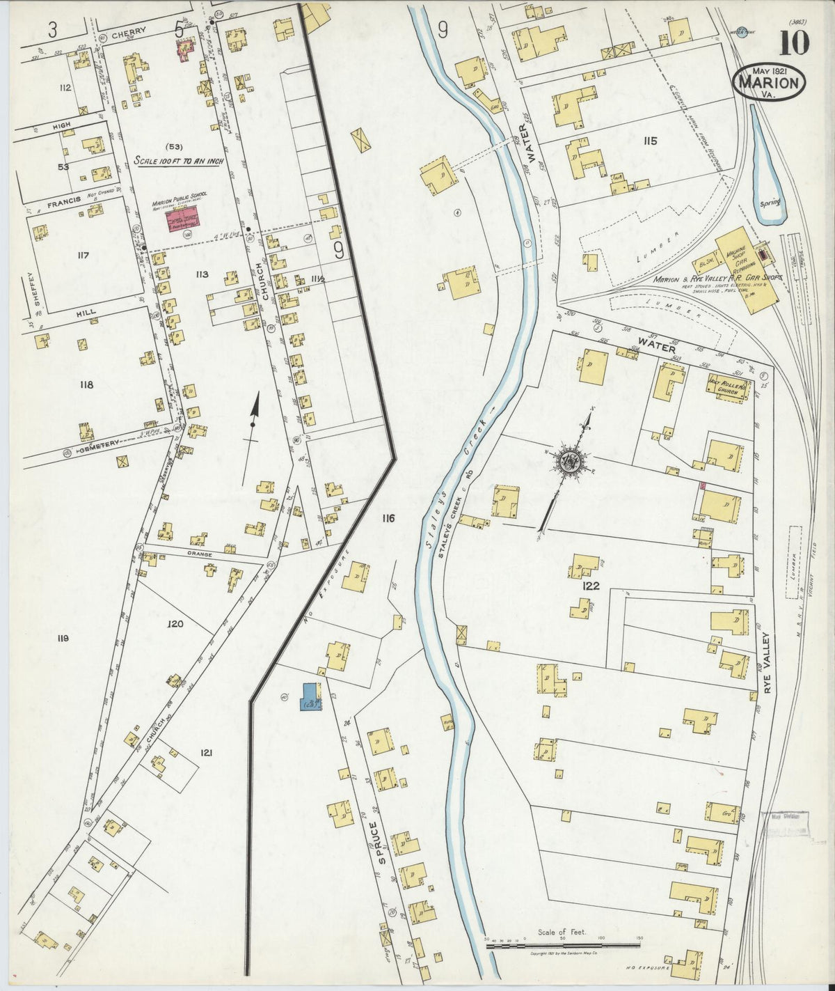 Sanborn Fire Insurance Map from Marion, Smyth County, Virginia (1921), Sheet #0010 - Historic Sanborn Fire Insurance Map Print, vintage old map wall art, antique decor, genealogy gift, Virginia Virginia map