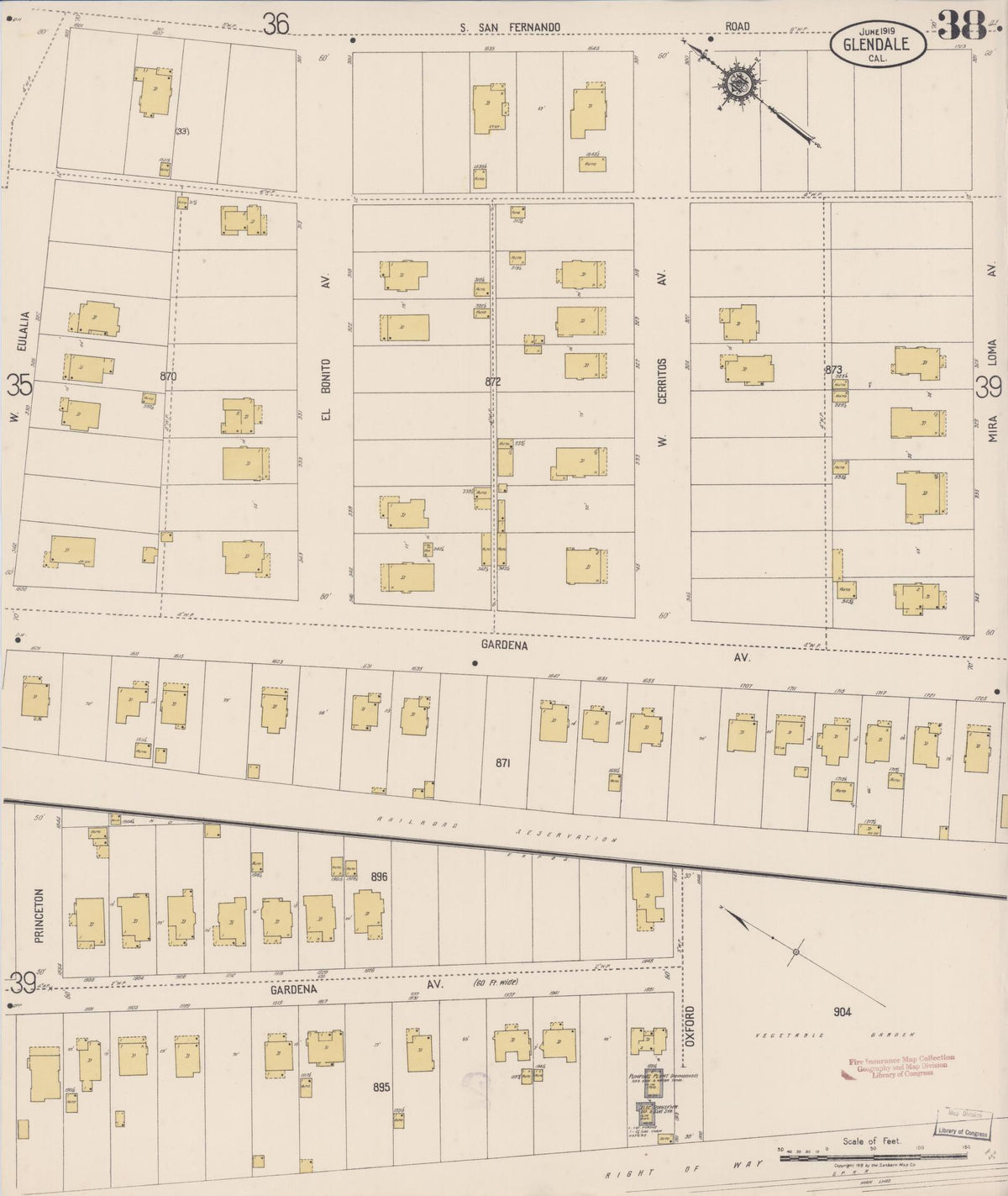Sanborn Fire Insurance Map from Glendale, Los Angeles County, California (1919), Sheet #0038 - Complete Map Set gallery image, historic Sanborn map, vintage wall art, California California